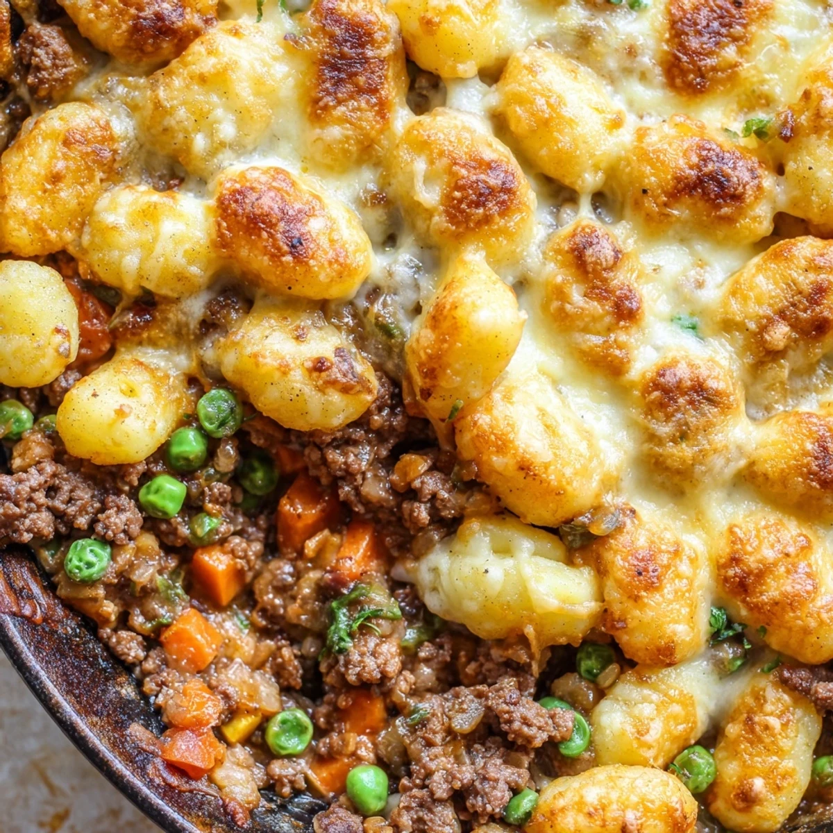 Close-up of Quick Gnocchi Shepherds Pie, melted cheddar and Parmesan topping on golden gnocchi.