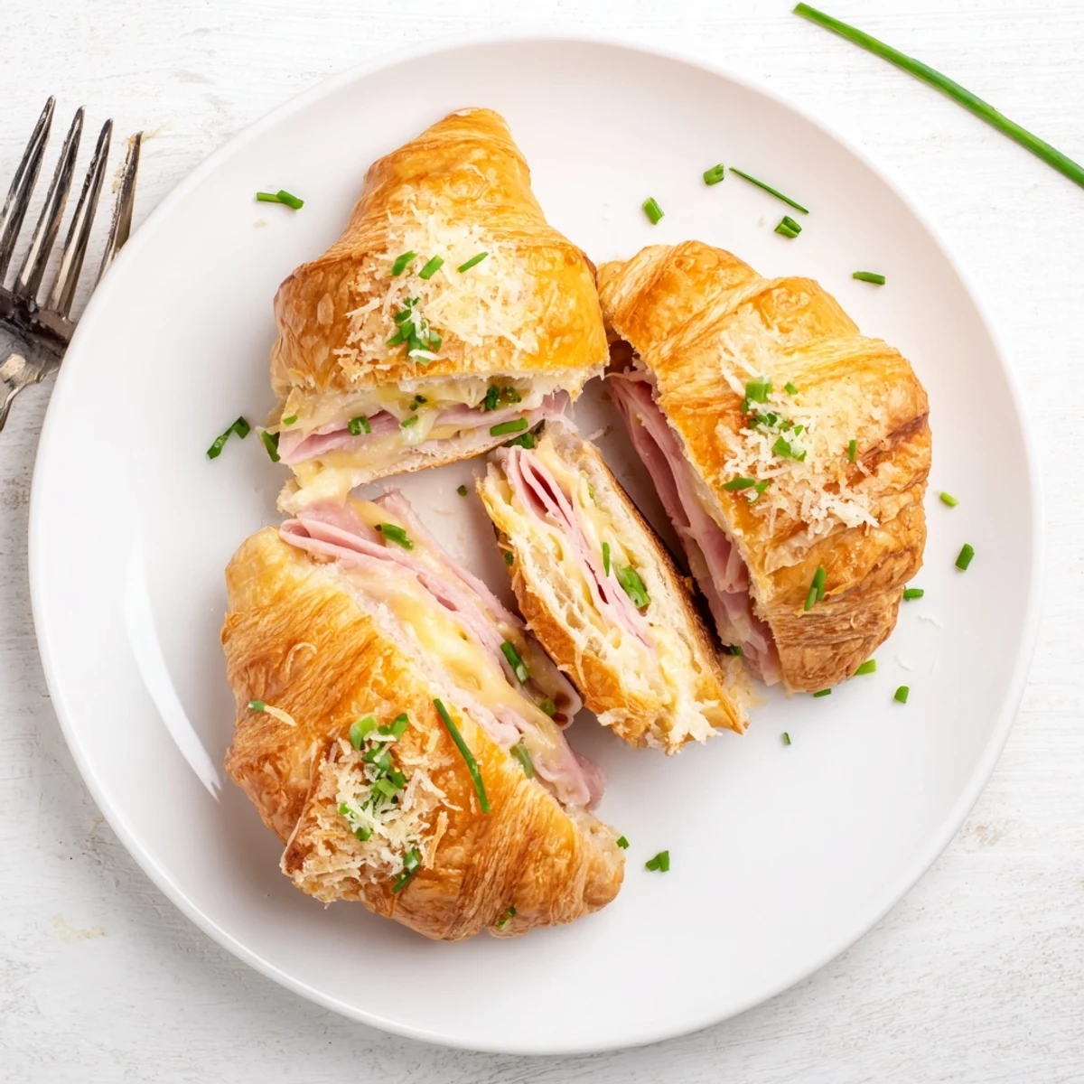 Flaky golden stuffed croissants filled with melted Swiss cheese, savory ham, and creamy Dijon sauce on a baking sheet.