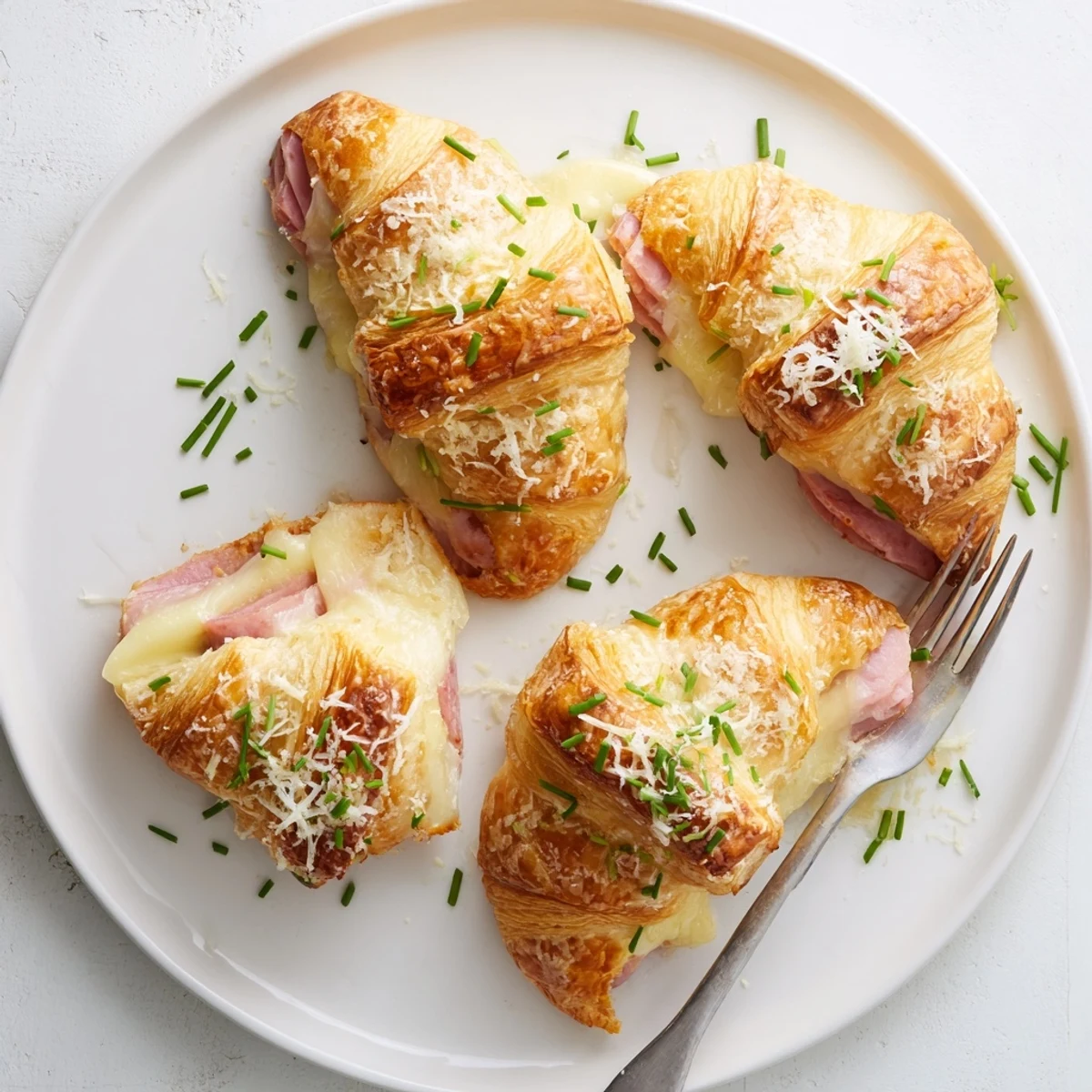 Savory stuffed croissants cut open to reveal layers of ham, cheese, and Dijon mustard spread, perfect for breakfast.