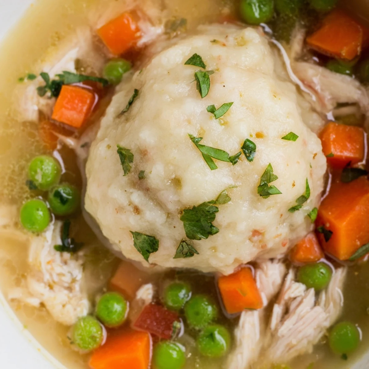 Close-up of One Pot Chicken Dumpling Soup with fluffy biscuit dumplings and tender shredded chicken in a golden broth.