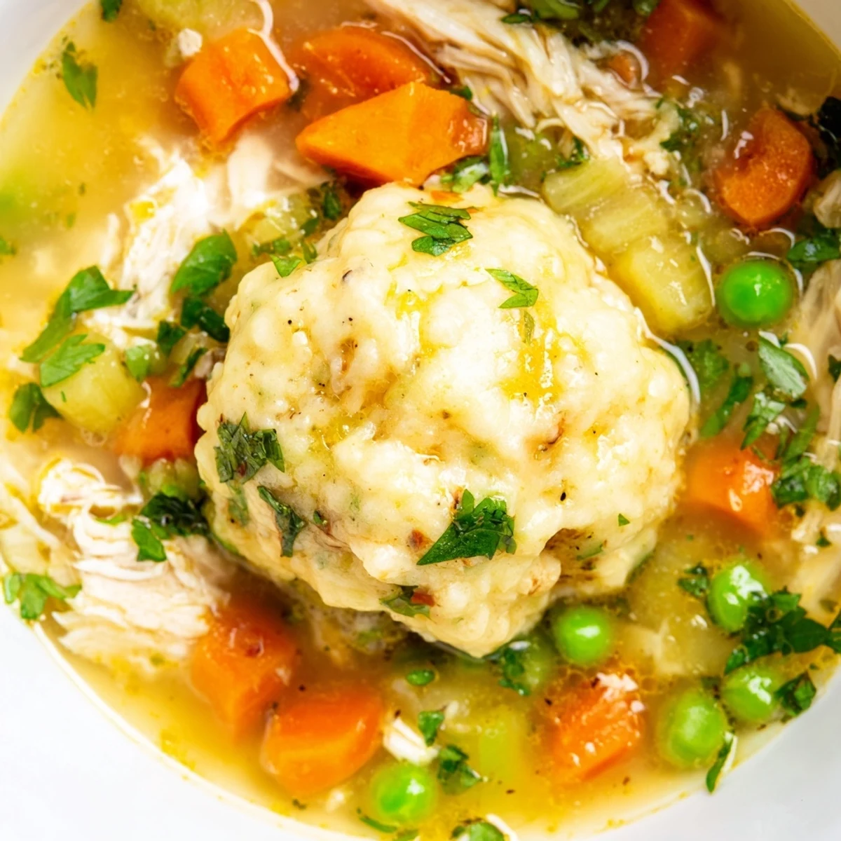 A ladle scoops up hearty One Pot Chicken Dumpling Soup with carrots, celery, and soft dumplings from a Dutch oven.
