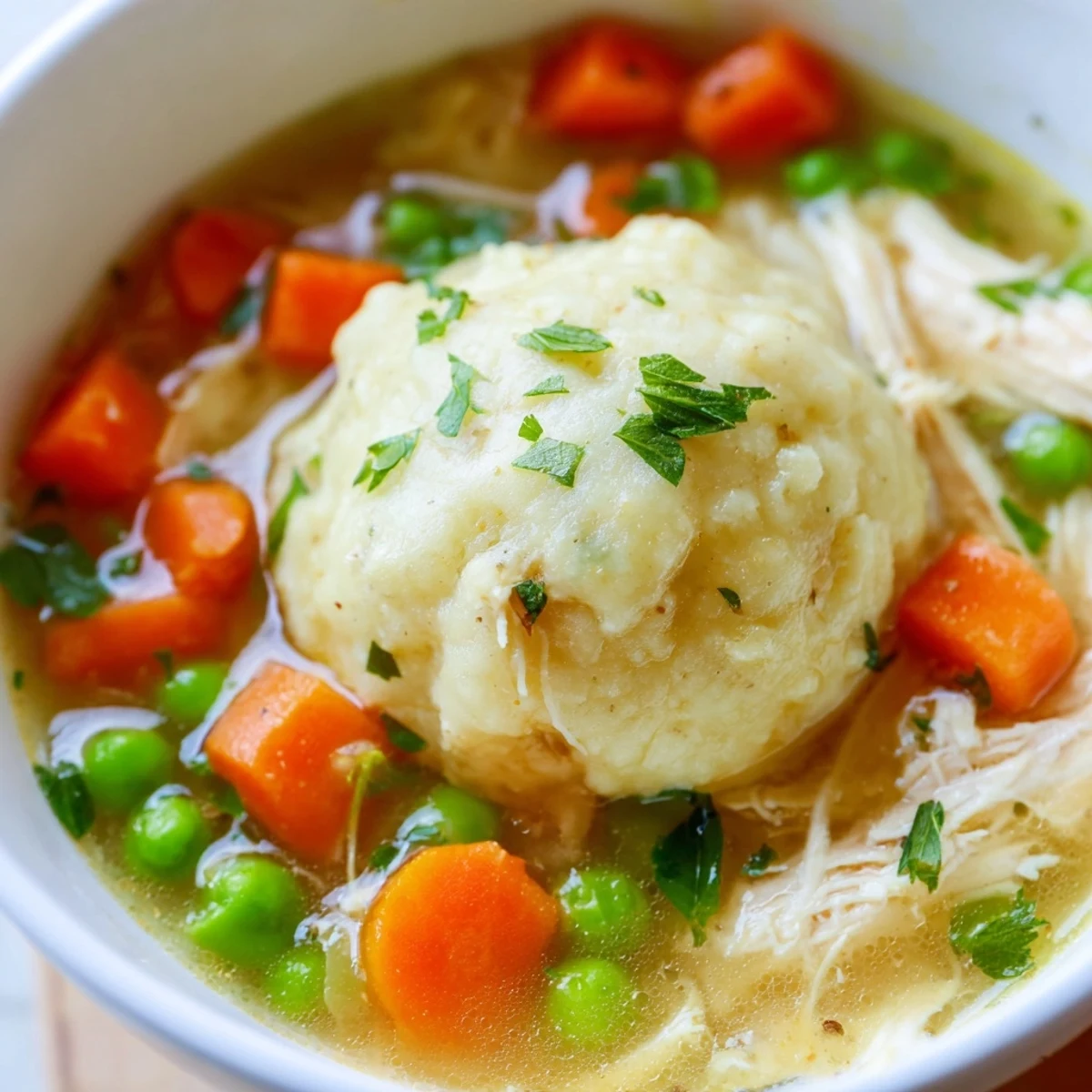 Steaming bowl of One Pot Chicken Dumpling Soup topped with fresh parsley, perfect for a cozy weeknight dinner.