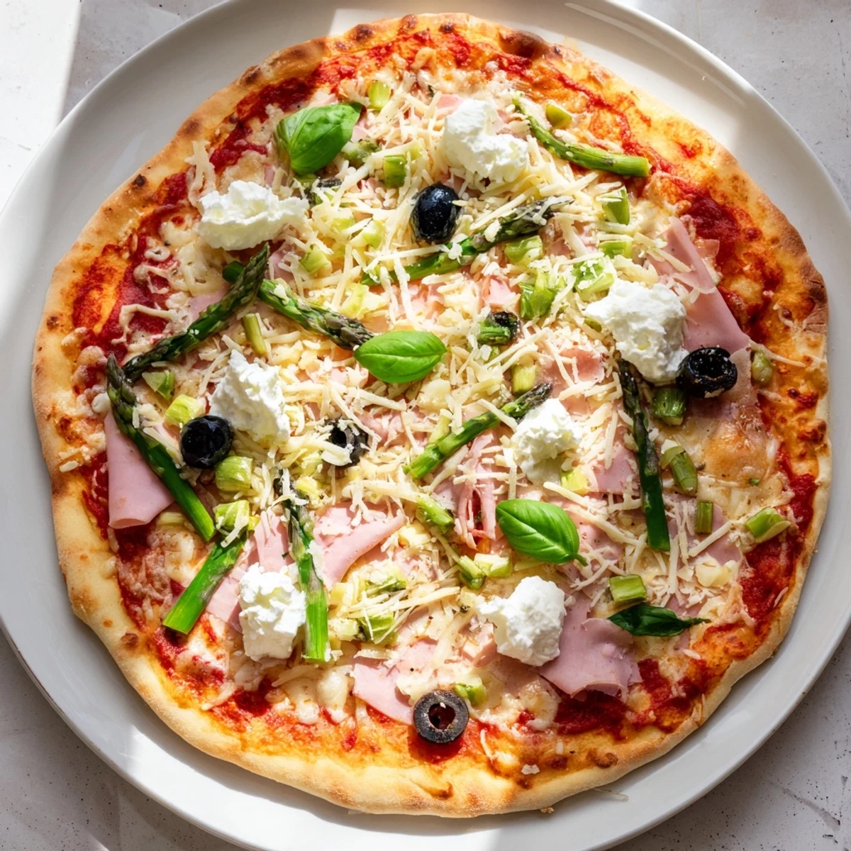 A close-up of Ham, Olive, Asparagus, and Ricotta Pizza with golden crust and melted mozzarella, asparagus, and ham slices.
