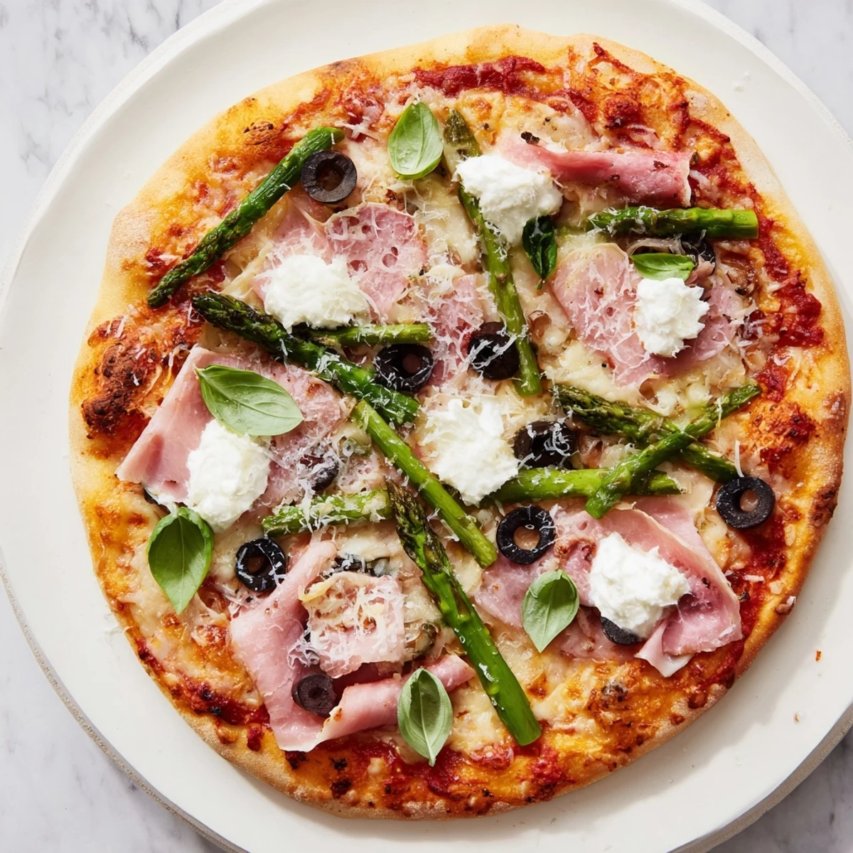 A fresh slice of Ham, Olive, Asparagus, and Ricotta Pizza being lifted, revealing layers of sauce, mozzarella, ham, and asparagus.