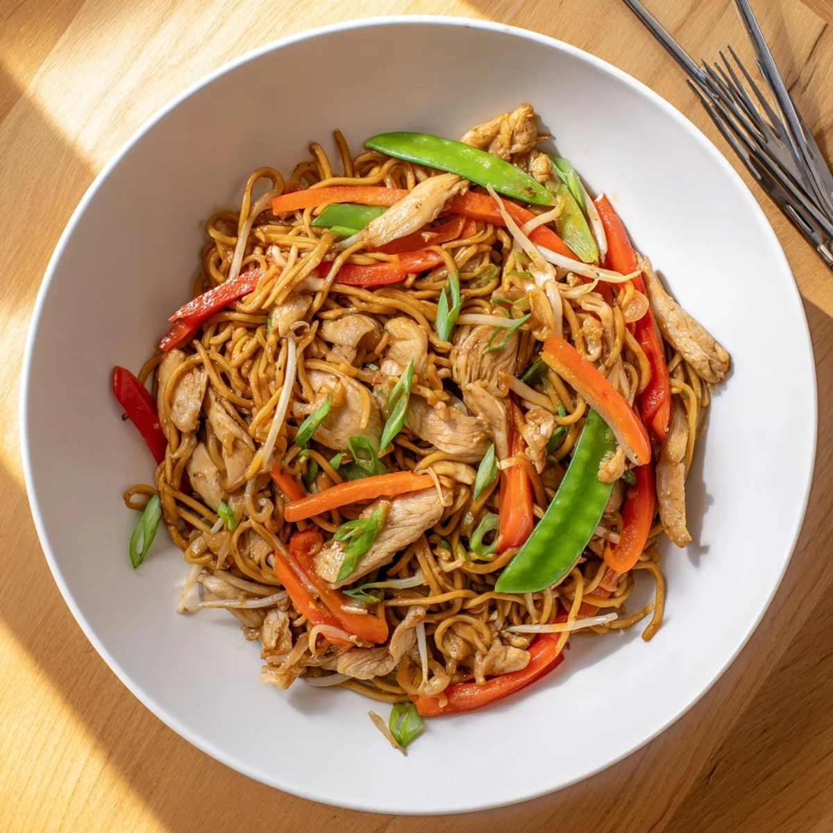 Stir-fried Chicken Chow Mein with colorful veggies and noodles for a quick dinner.