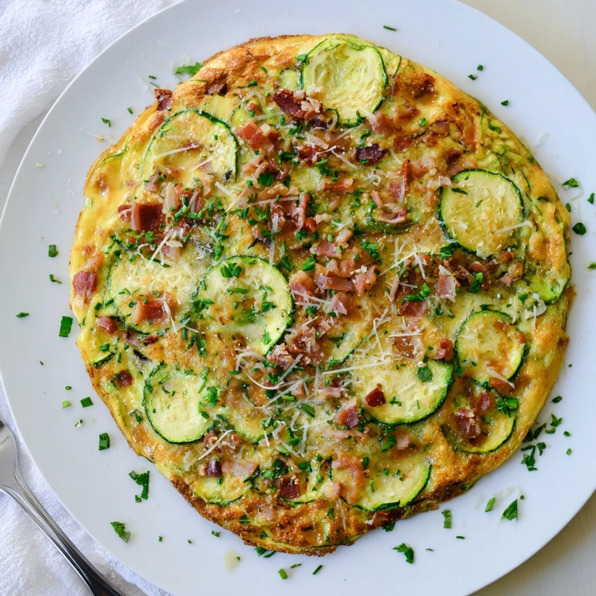 Sliced Zucchini Herb and Pancetta Frittata reveals golden eggs, crisp pancetta, and vibrant green herbs on a rustic plate.