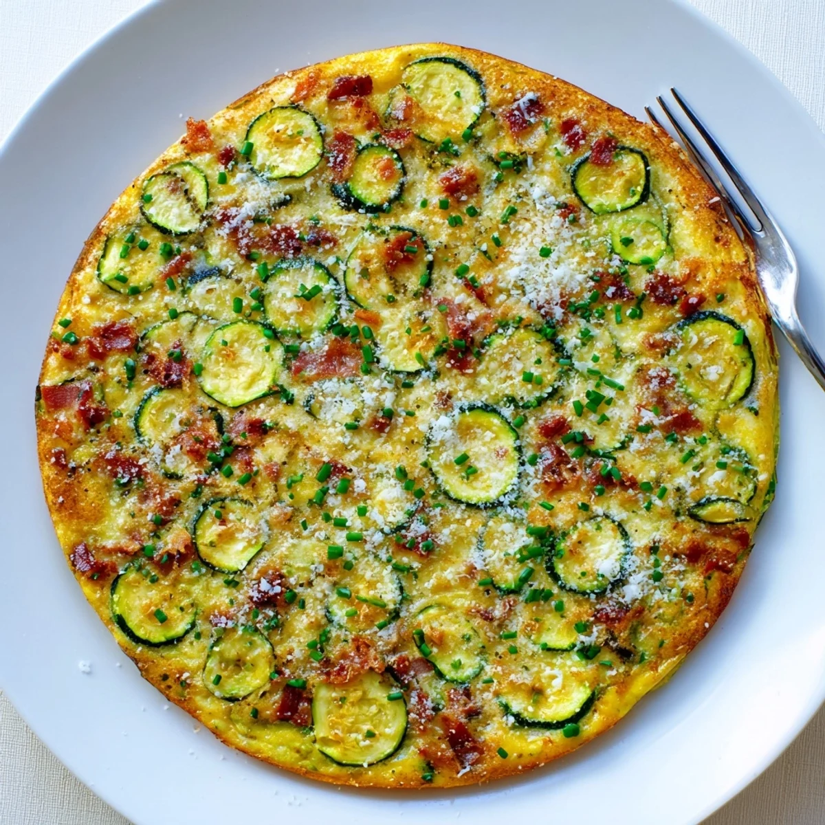 Freshly baked Zucchini Herb and Pancetta Frittata steams from the skillet, showcasing tender zucchini ribbons and melted Parmesan cheese.
