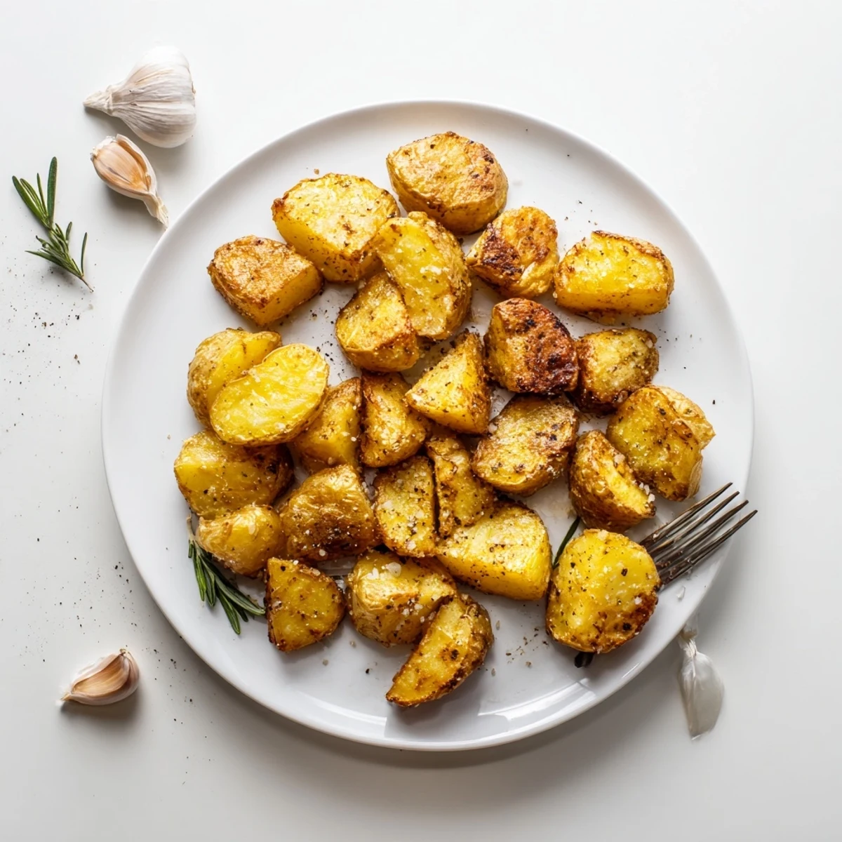 These Perfect Crispy Roast Potatoes feature a deep golden color and a fresh rosemary sprig garnish.