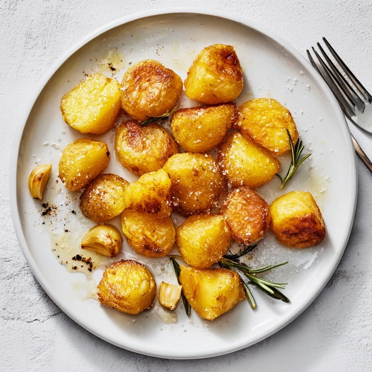 Close-up of Perfect Crispy Roast Potatoes showing crunchy textures and a side of creamy dipping sauce.