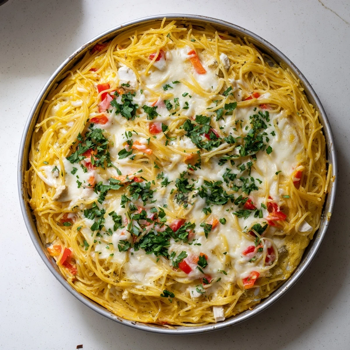 Freshly baked Impossible Pasta Pie with golden, bubbly Parmesan and mozzarella topping, served warm on a rustic wooden table.