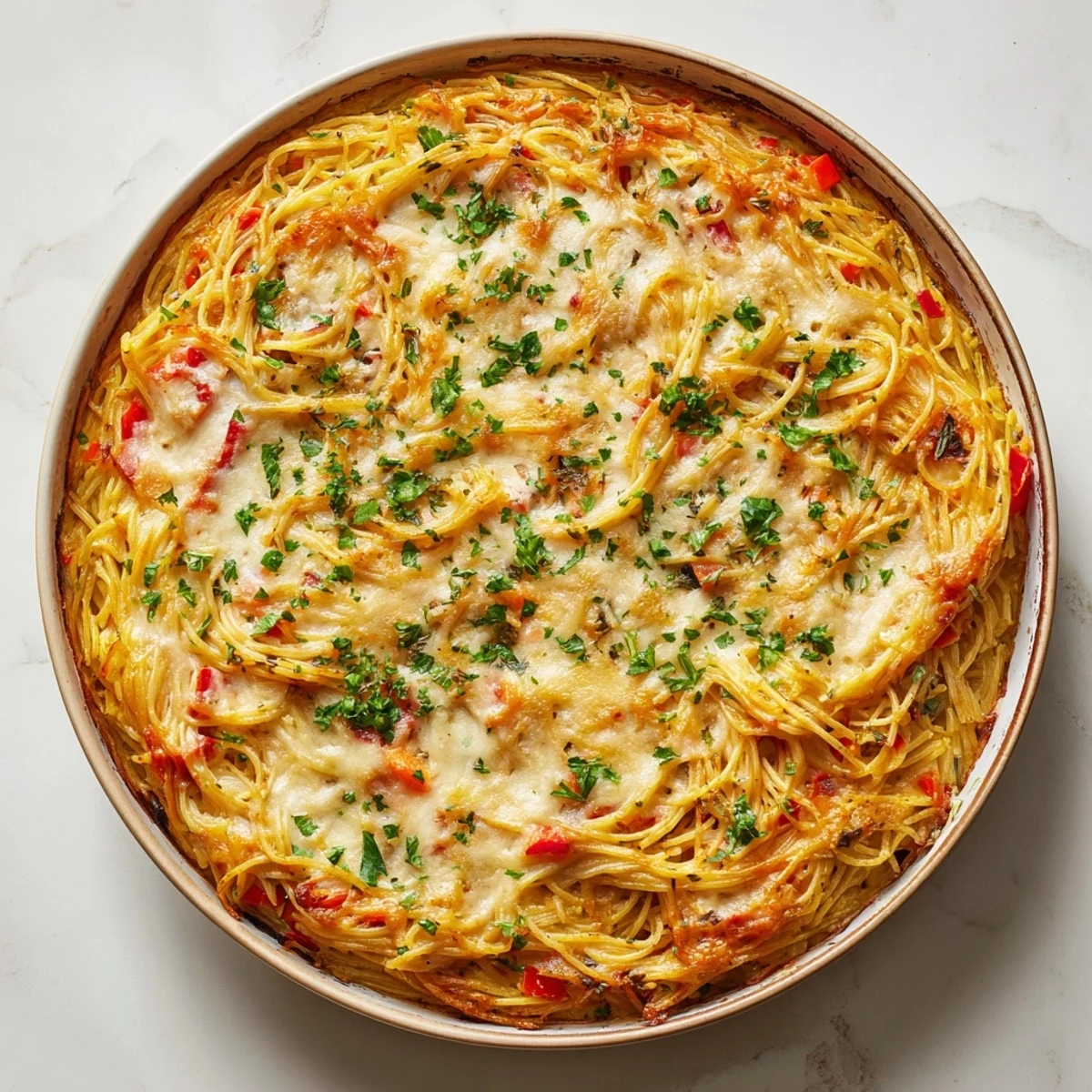 Creamy spaghetti pie slices reveal tender pasta and colorful peppers in an egg-rich custard, cut on a white plate.