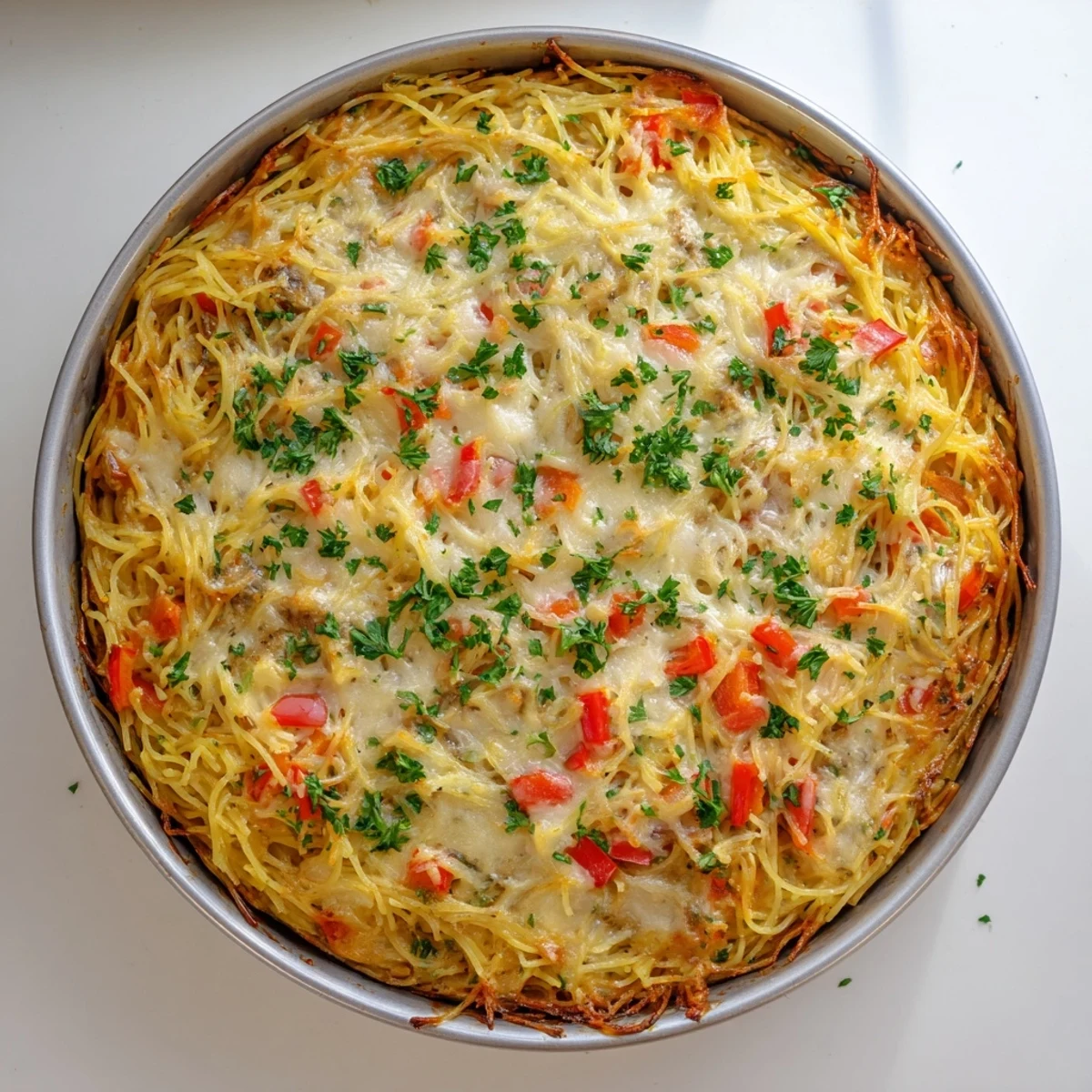 A single serving of Impossible Pasta Pie sits beside fresh basil and a simple green salad for a family dinner.