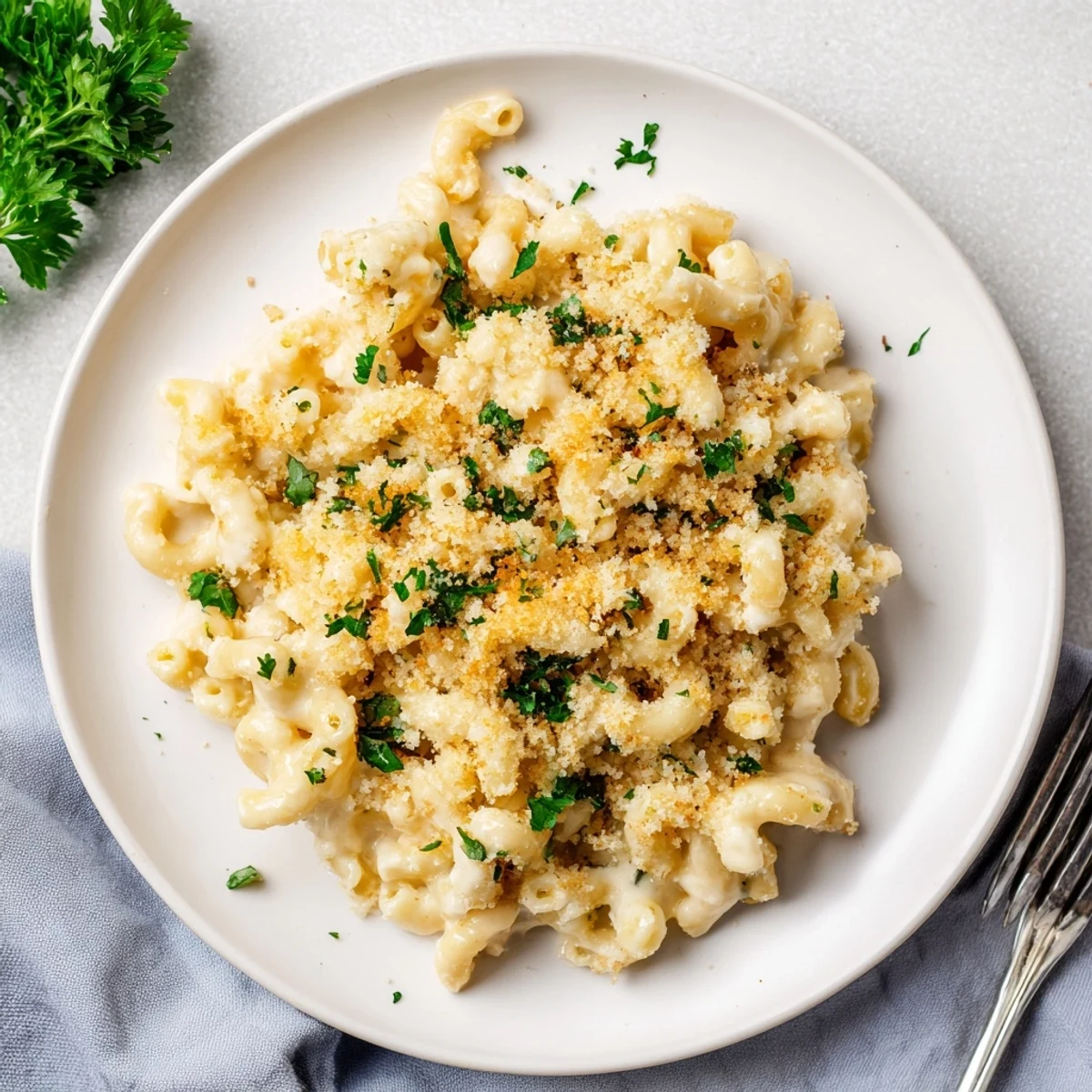 Golden-brown, crispy panko topping on baked mac and cheese in a ceramic dish next to a fresh salad.