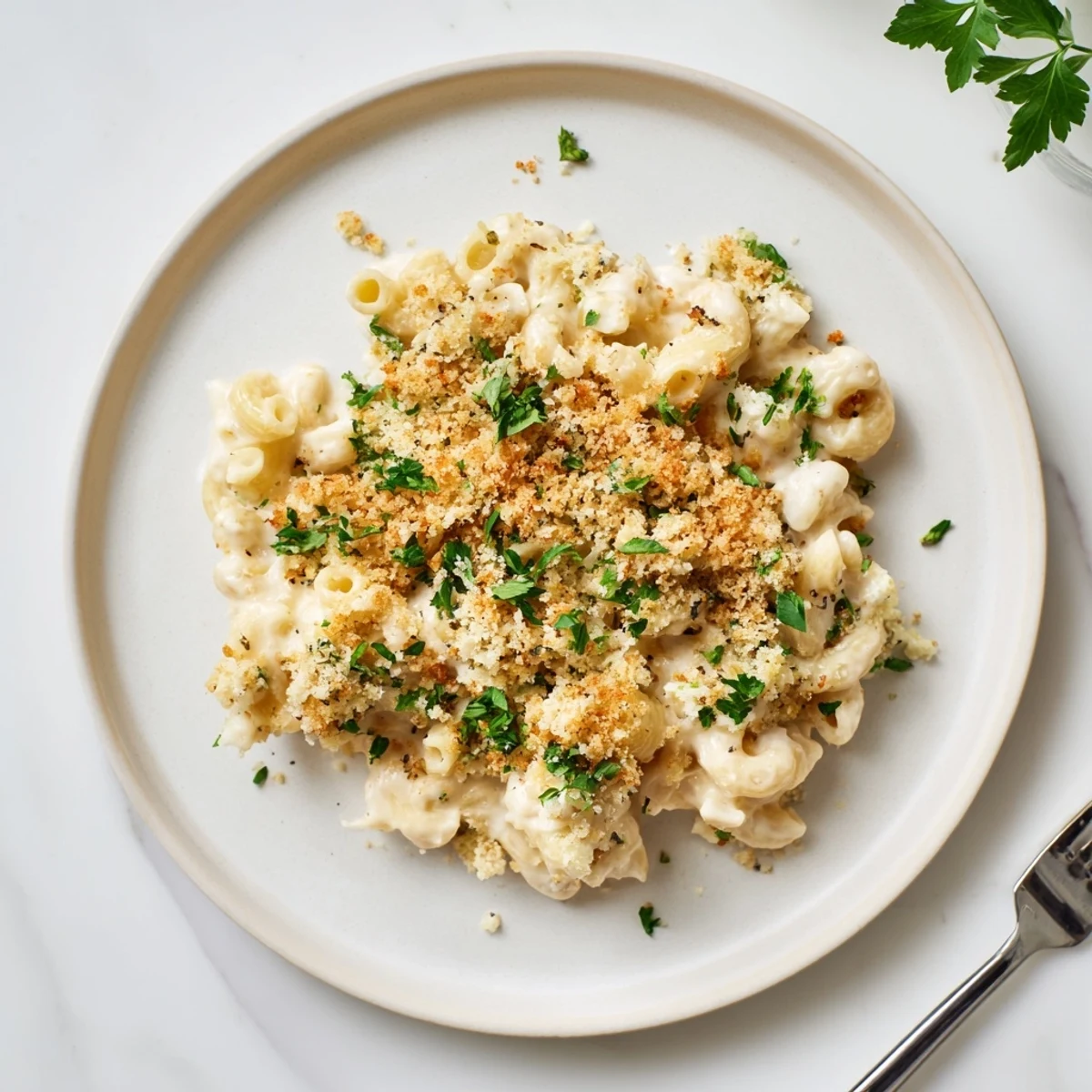A serving of homemade baked mac and cheese scooped from the pan, revealing creamy cheddar sauce on a rustic table.