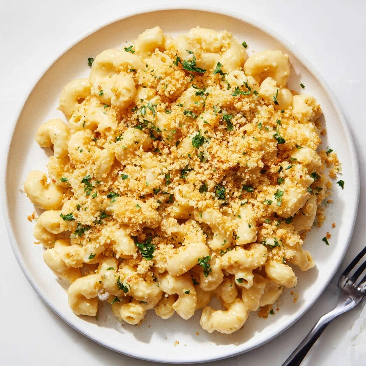 Close-up of a fork lifting a bite of baked mac and cheese with melted cheese and crunchy crumbs.