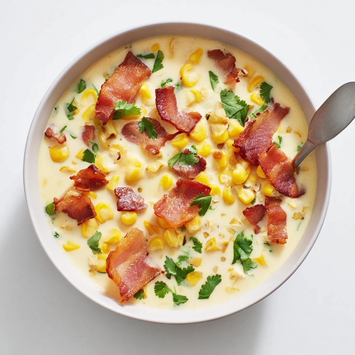 A warm bowl of Hot Yoghurt Soup with Corn, Bacon, and Coriander garnished with fresh herbs and crispy bacon bits.