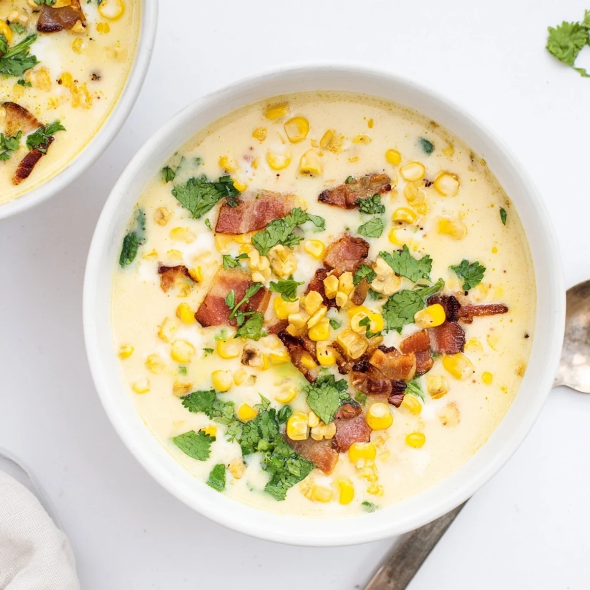 Hot Yoghurt Soup with Corn, Bacon, and Coriander served steaming in a rustic bowl with golden corn kernels and crumbles.