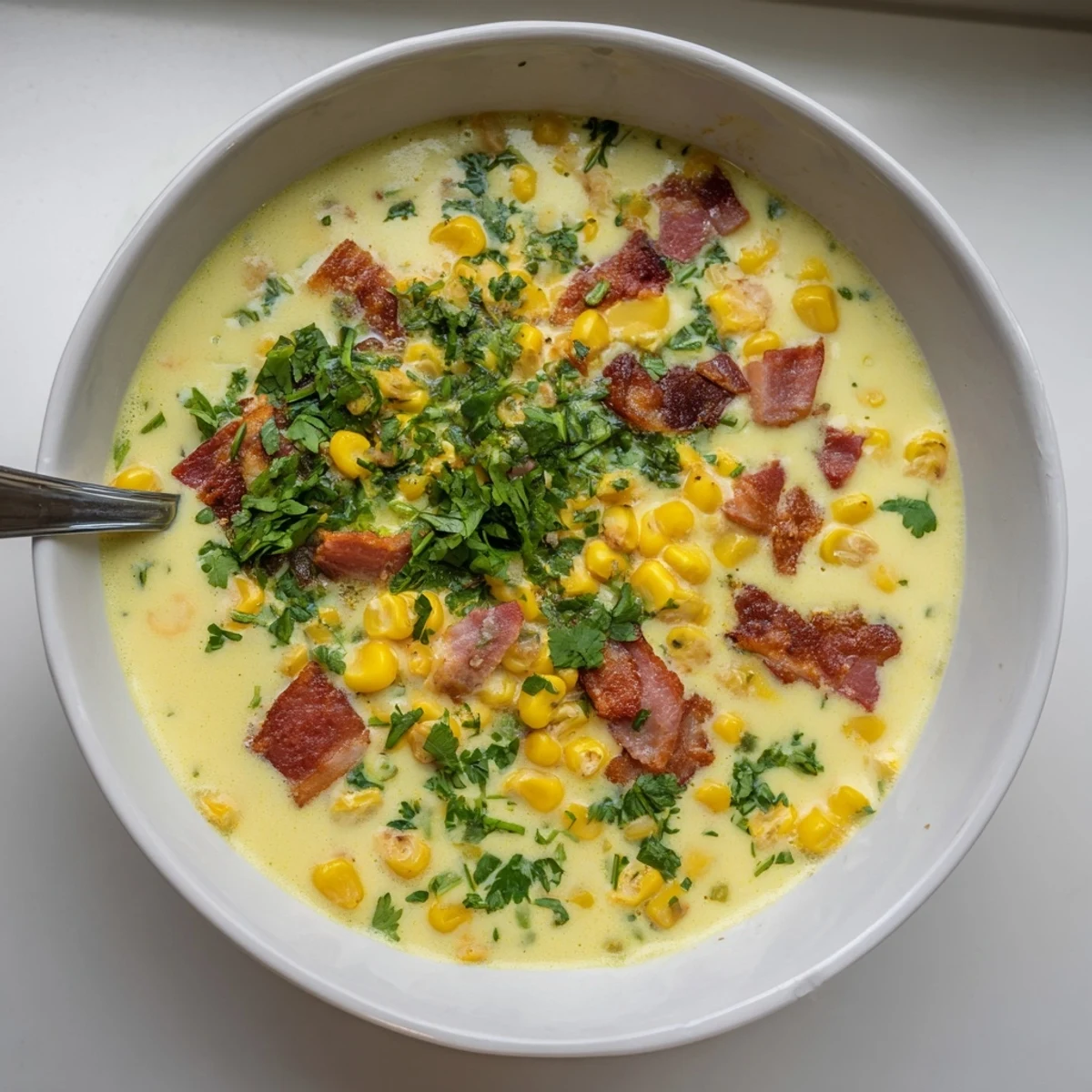 Silky Hot Yoghurt Soup with Corn, Bacon, and Coriander topped with fresh cilantro and crispy smoked bacon for texture.