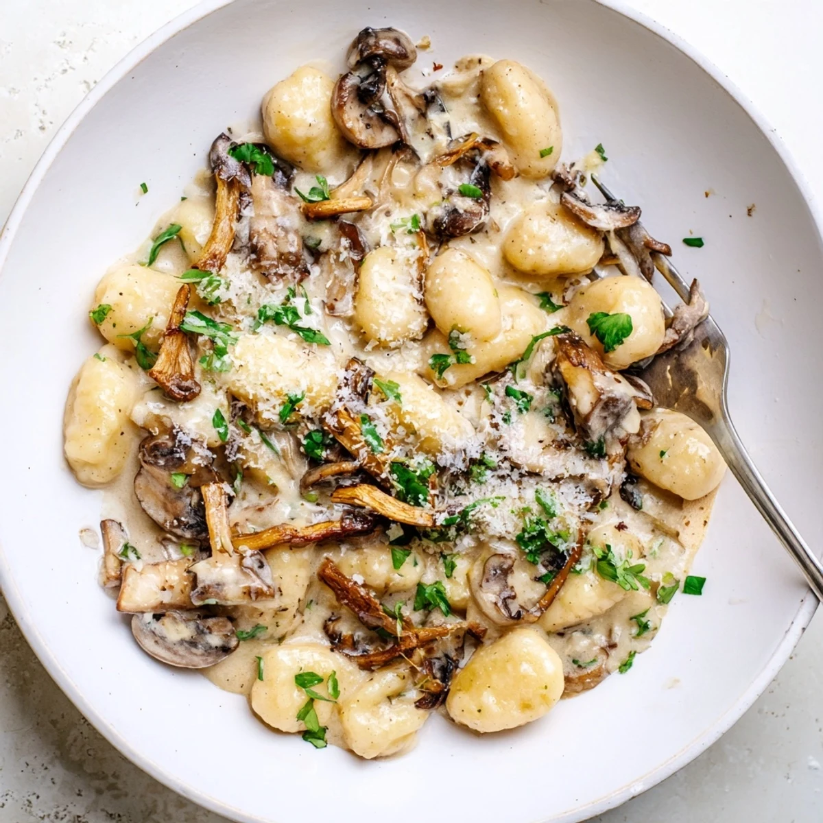 Creamy Mushroom Gnocchi served in a rustic bowl with fresh parsley and a light dusting of Parmesan.