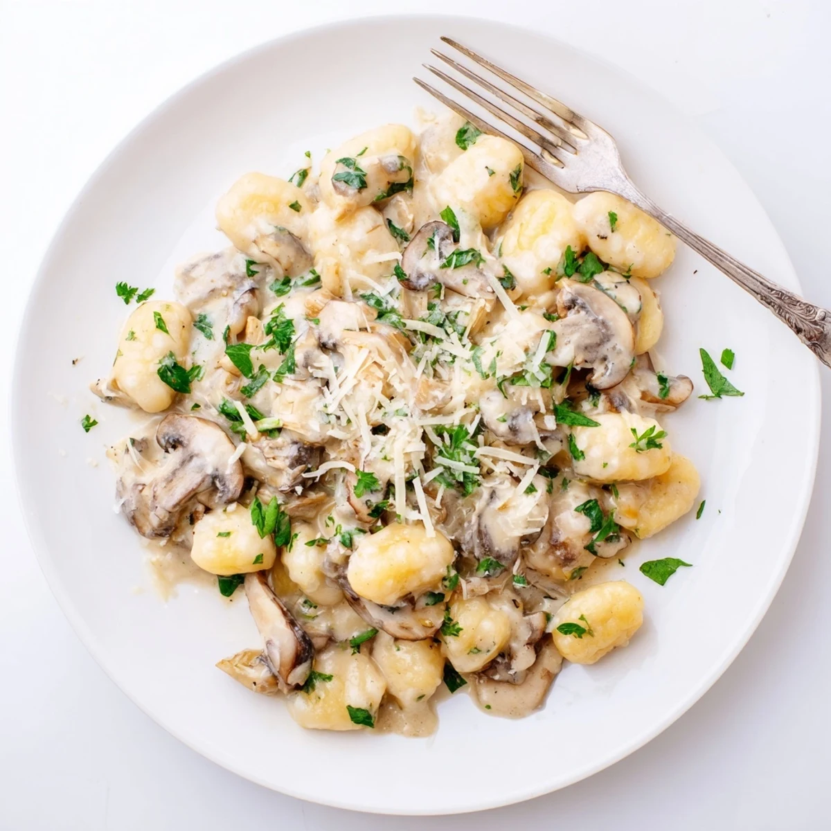 A close view of Creamy Mushroom Gnocchi highlighting the silky sauce coating each tender dumpling.