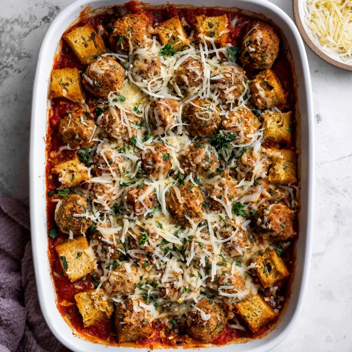 Golden-brown garlic bread cubes sit atop melted mozzarella and Parmesan in this baked turkey meatball casserole.