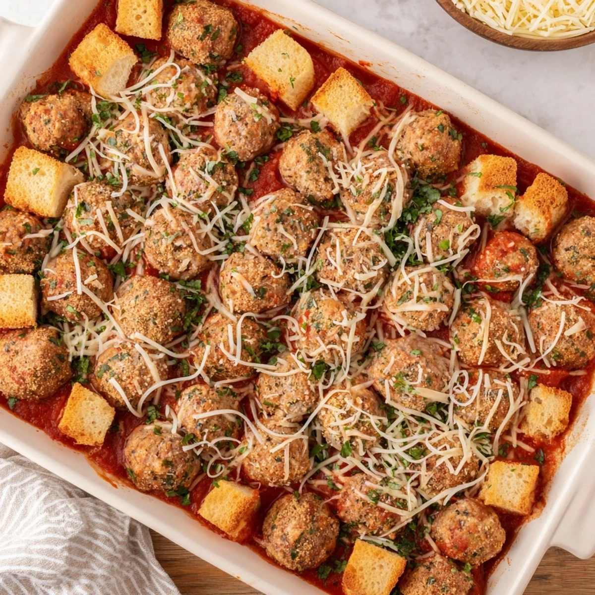 A slice reveals juicy turkey meatballs, bubbly marinara, and a cheesy, toasted garlic bread topping.
