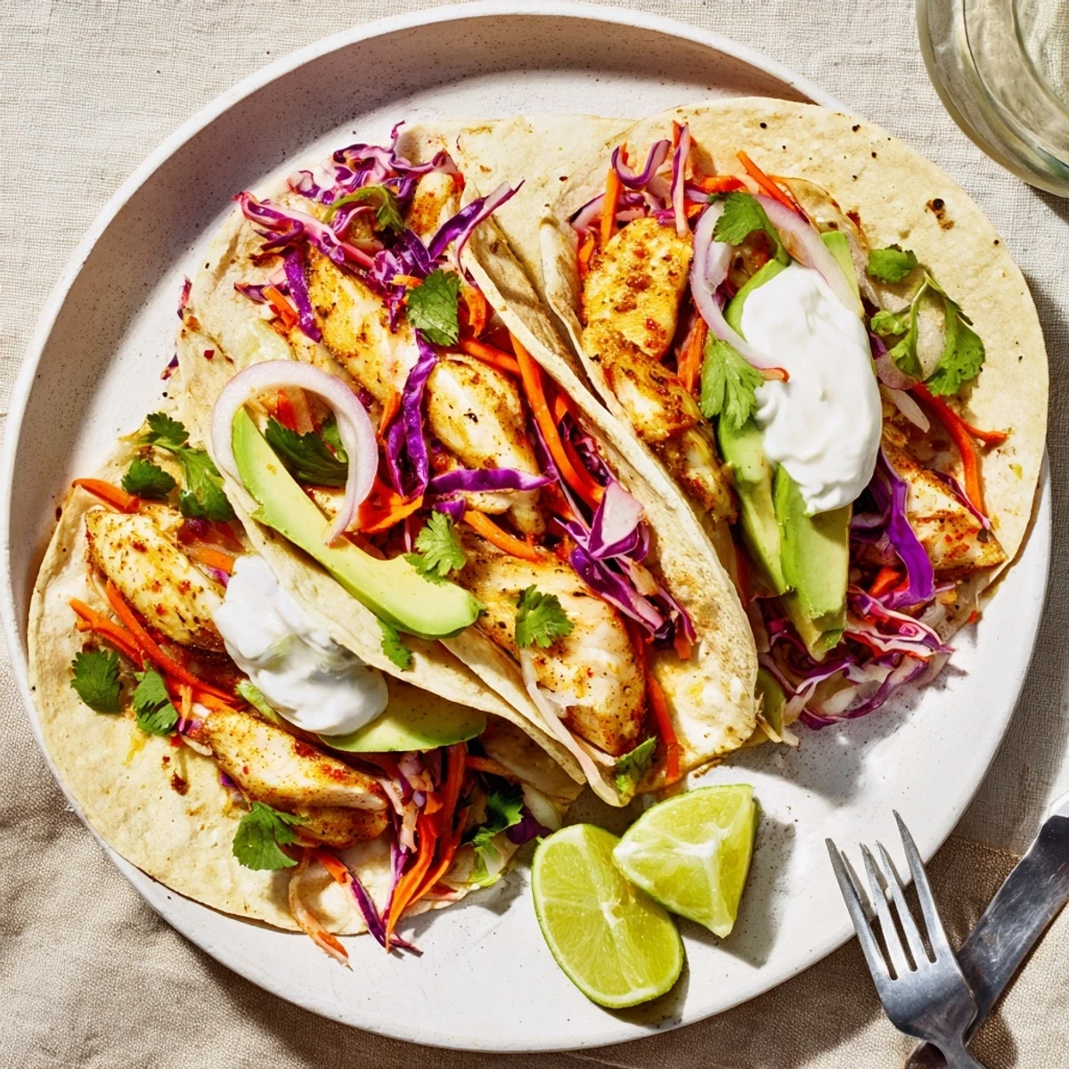 Colorful Easy As Aussie Barra Tacos filled with grilled fish, fresh slaw, avocado, and creamy sour cream on soft tortillas.