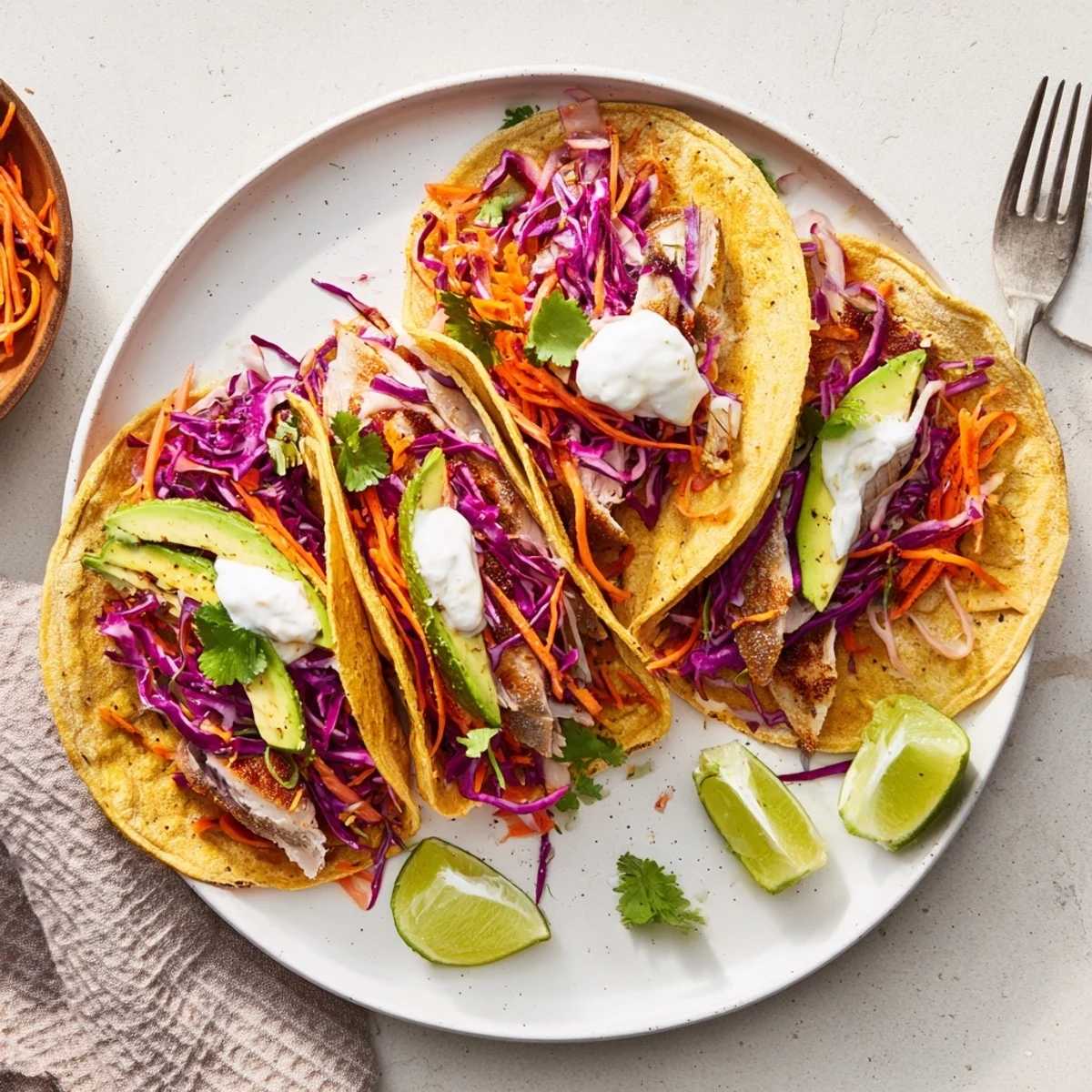 Easy As Aussie Barra Tacos featuring golden barramundi strips topped with lime-dressed slaw and vibrant avocado slices.