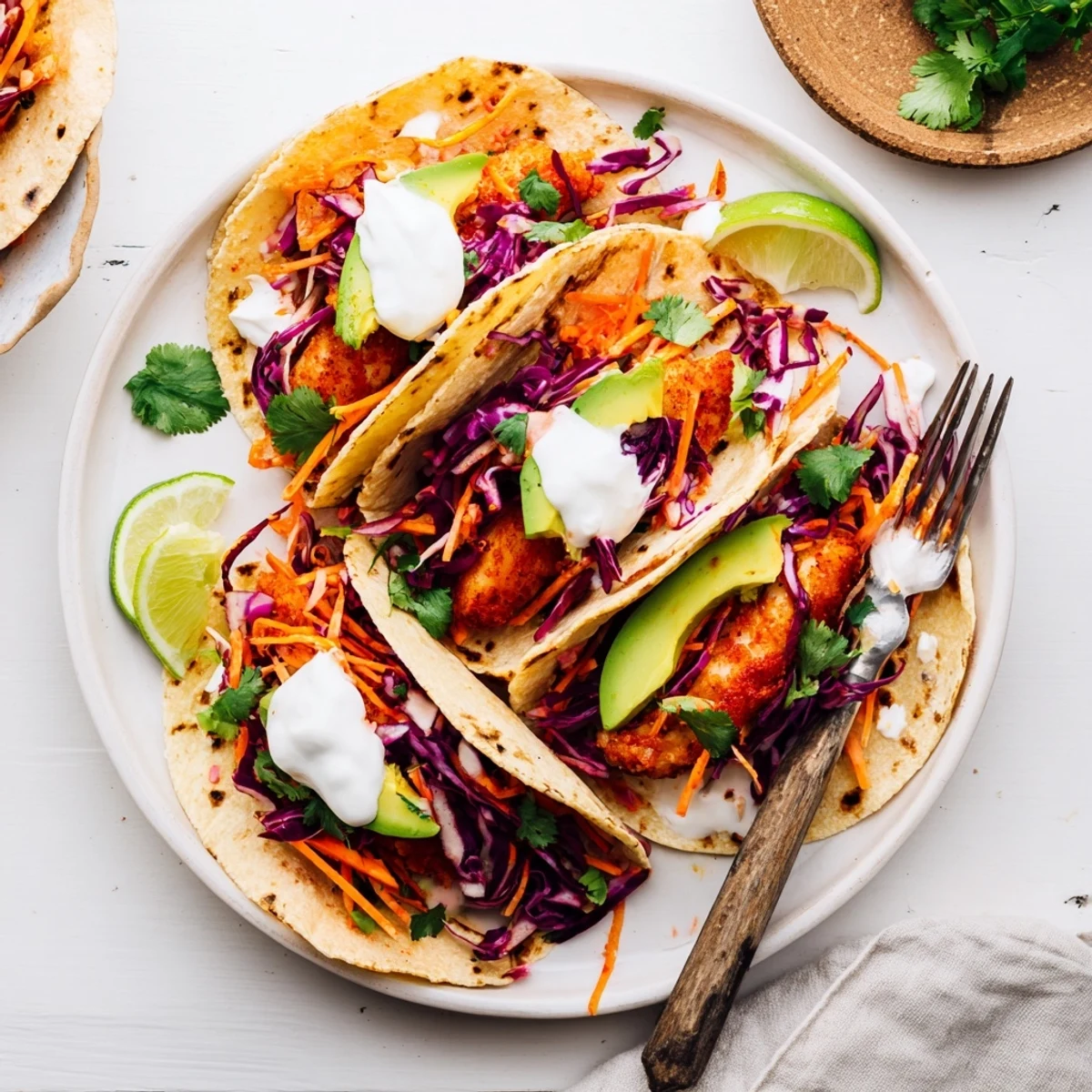 Plated Easy As Aussie Barra Tacos garnished with cilantro, served with lime wedges for a zesty coastal finish.
