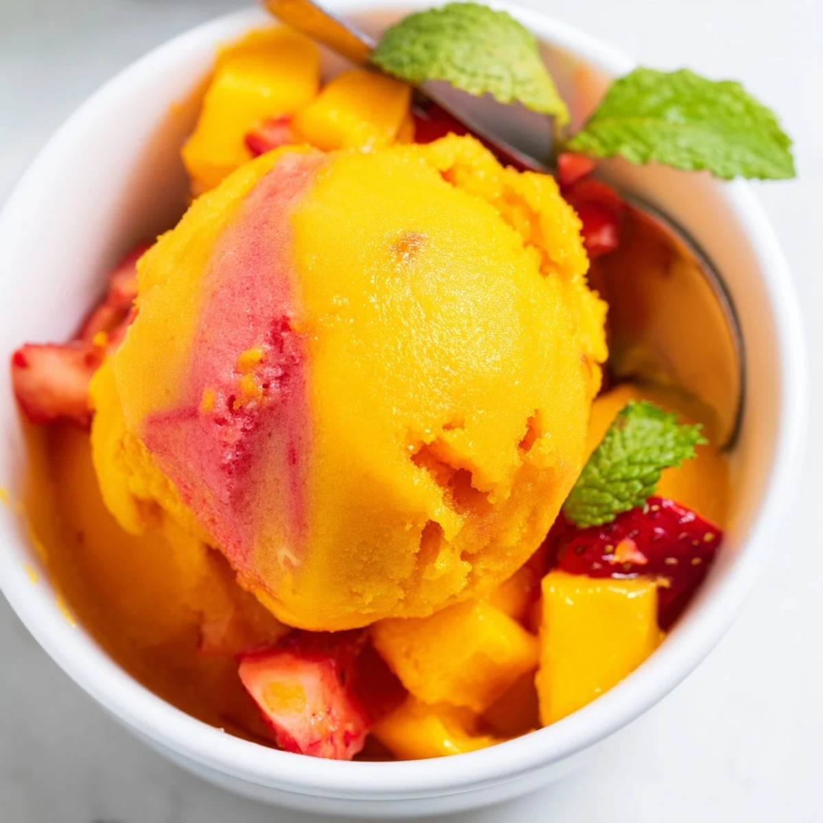 Vibrant mango strawberry sorbet scooped into a chilled bowl with fresh mint garnish