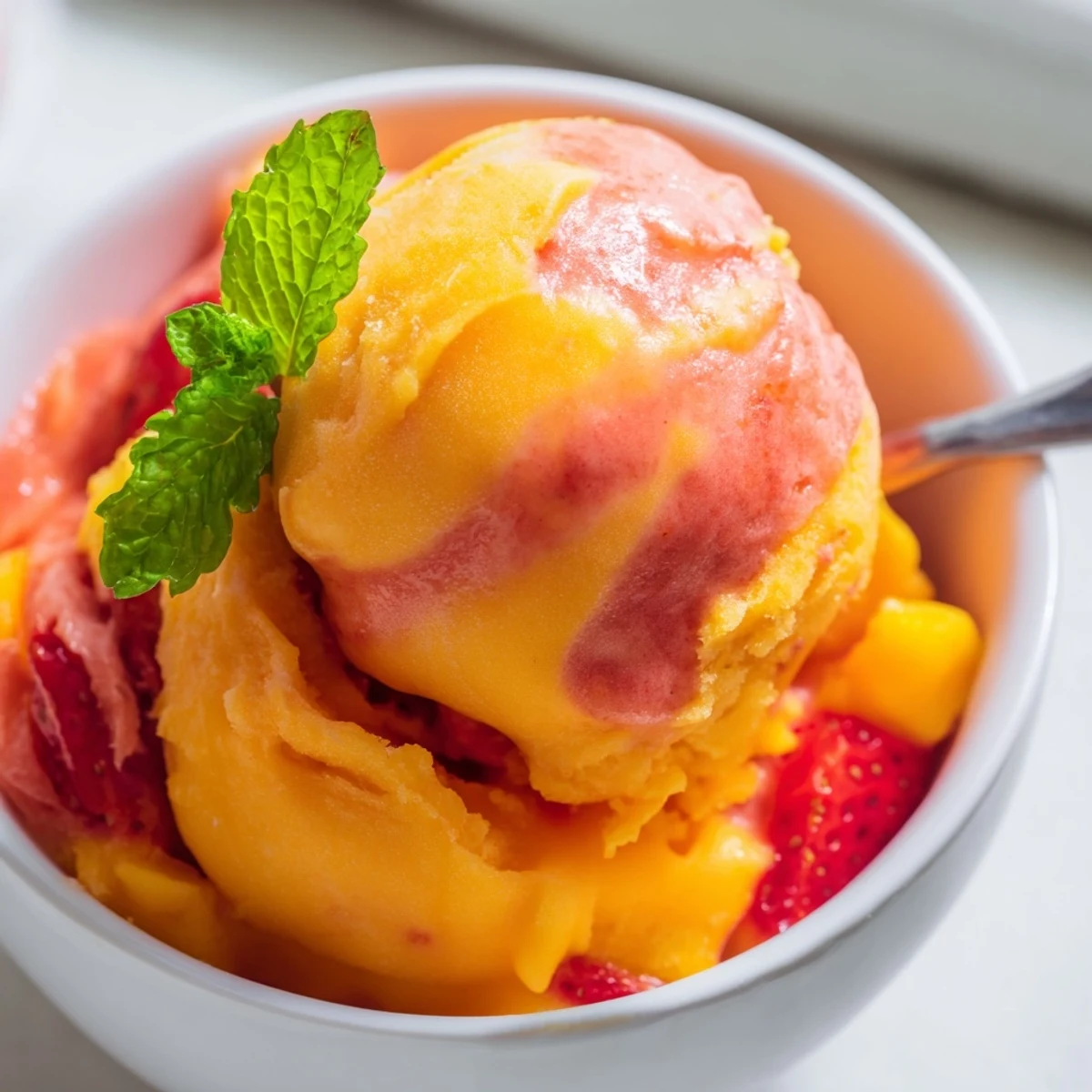 Creamy dairy-free mango strawberry sorbet served in a frosty white bowl with lime wedge