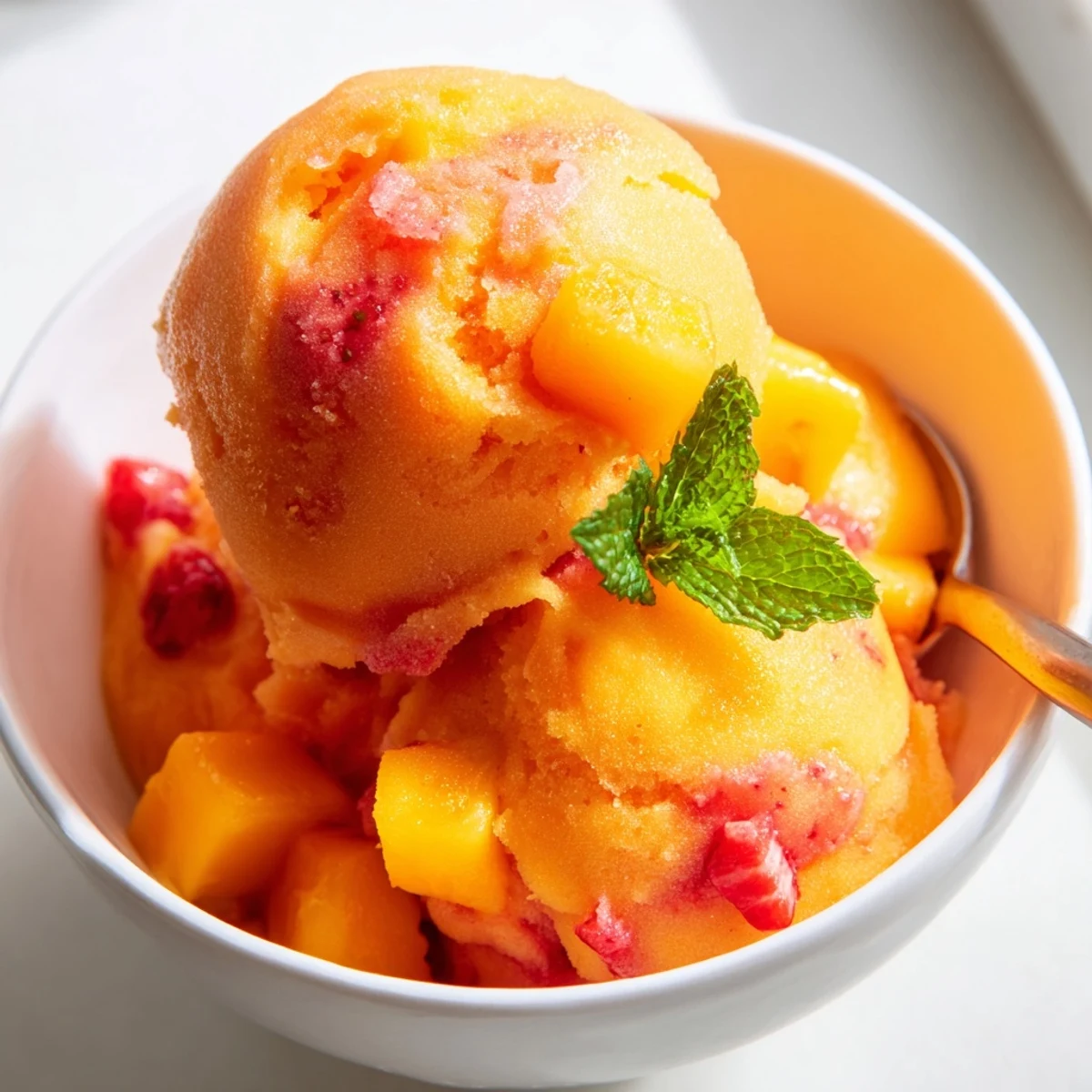Smooth golden mango and ruby red strawberry sorbet swirling in a clear glass dish