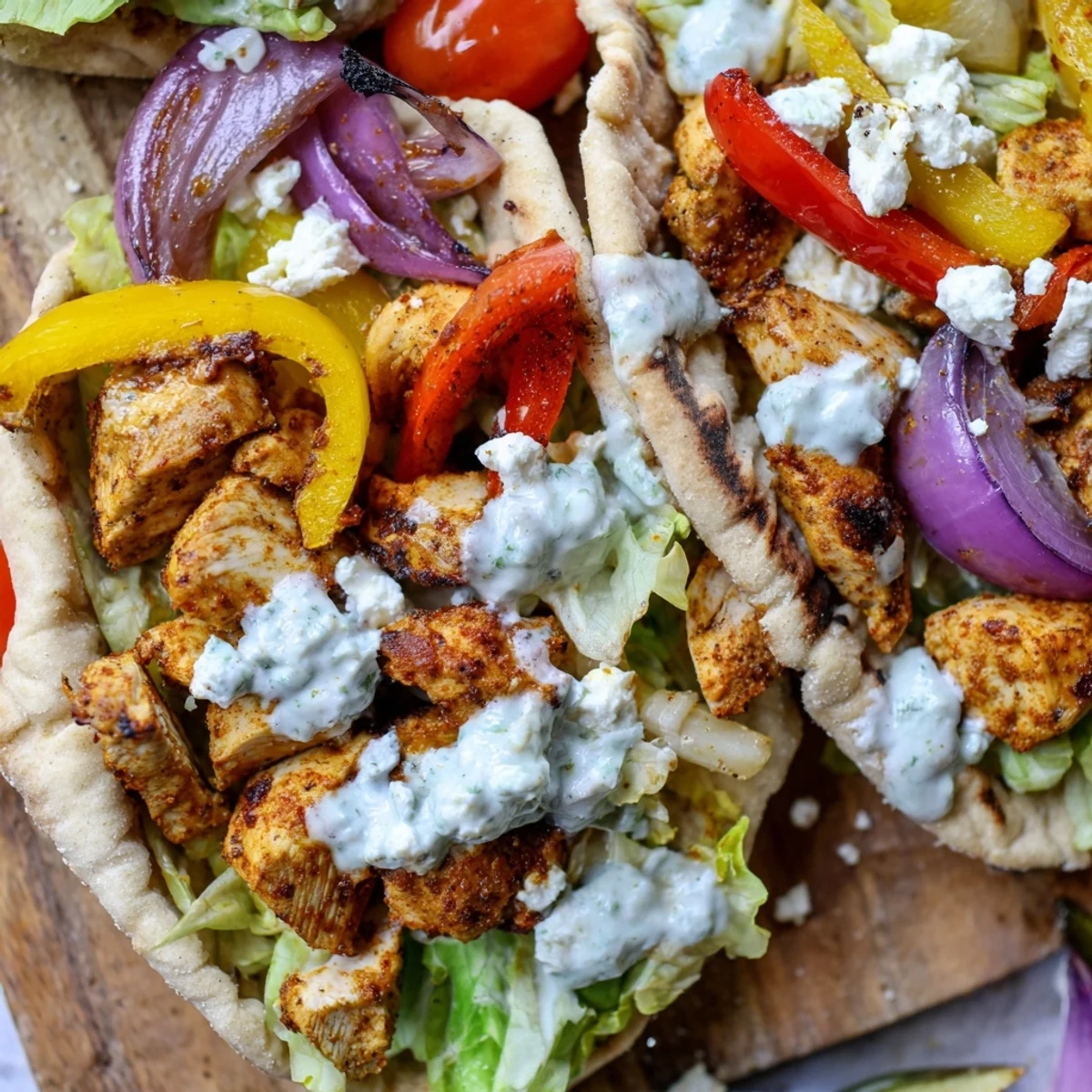 Golden roasted chicken and colorful vegetables nestled in warm pita breads with creamy herby ranch drizzle
