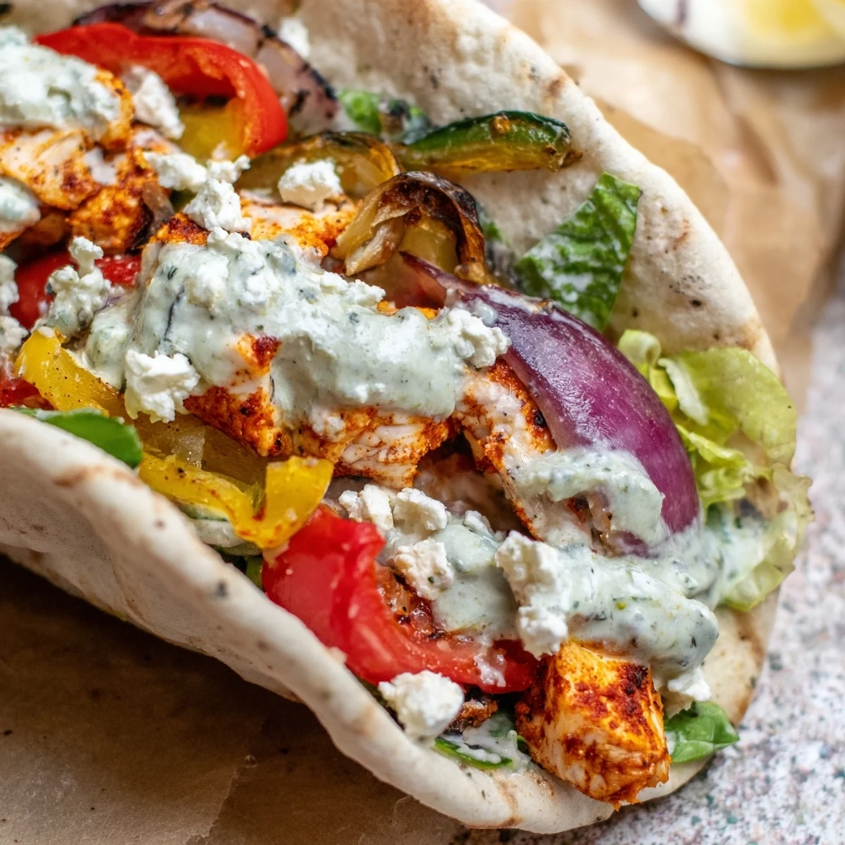 Juicy spiced chicken pieces with tender bell peppers and onions stuffed inside fluffy pita pockets