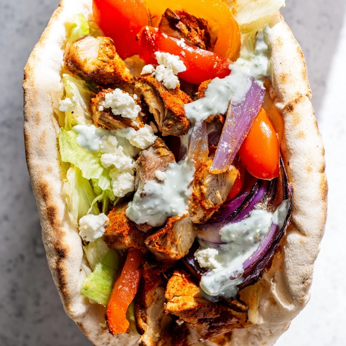 Sheet pan chicken pitas topped with fresh lettuce, crumbled feta, and zesty homemade ranch sauce