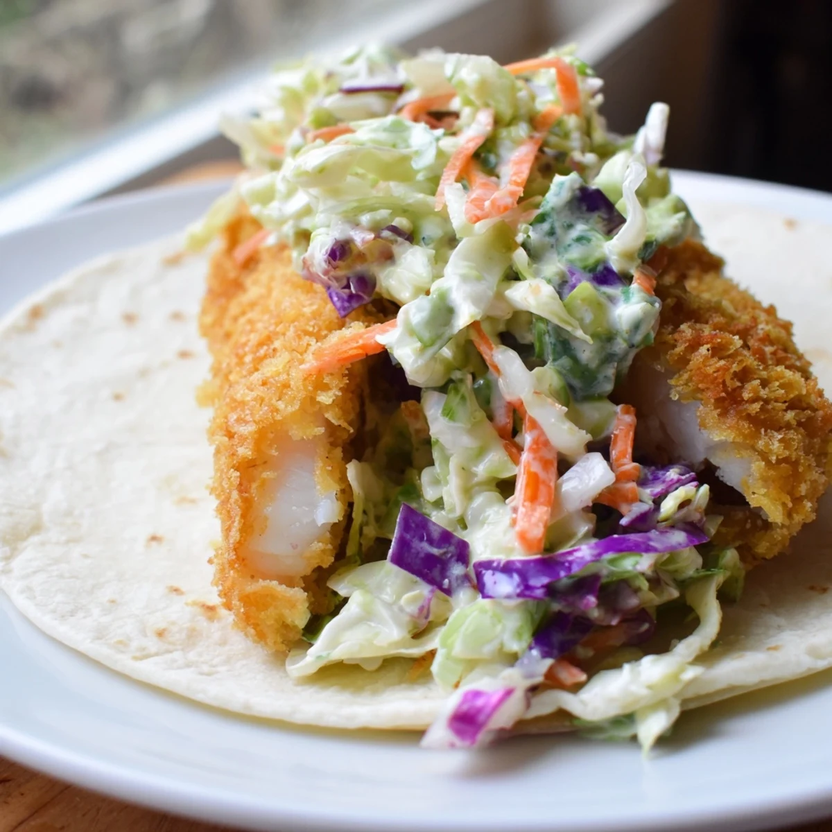 Golden crispy fish tacos topped with vibrant purple and green cabbage slaw and fresh cilantro