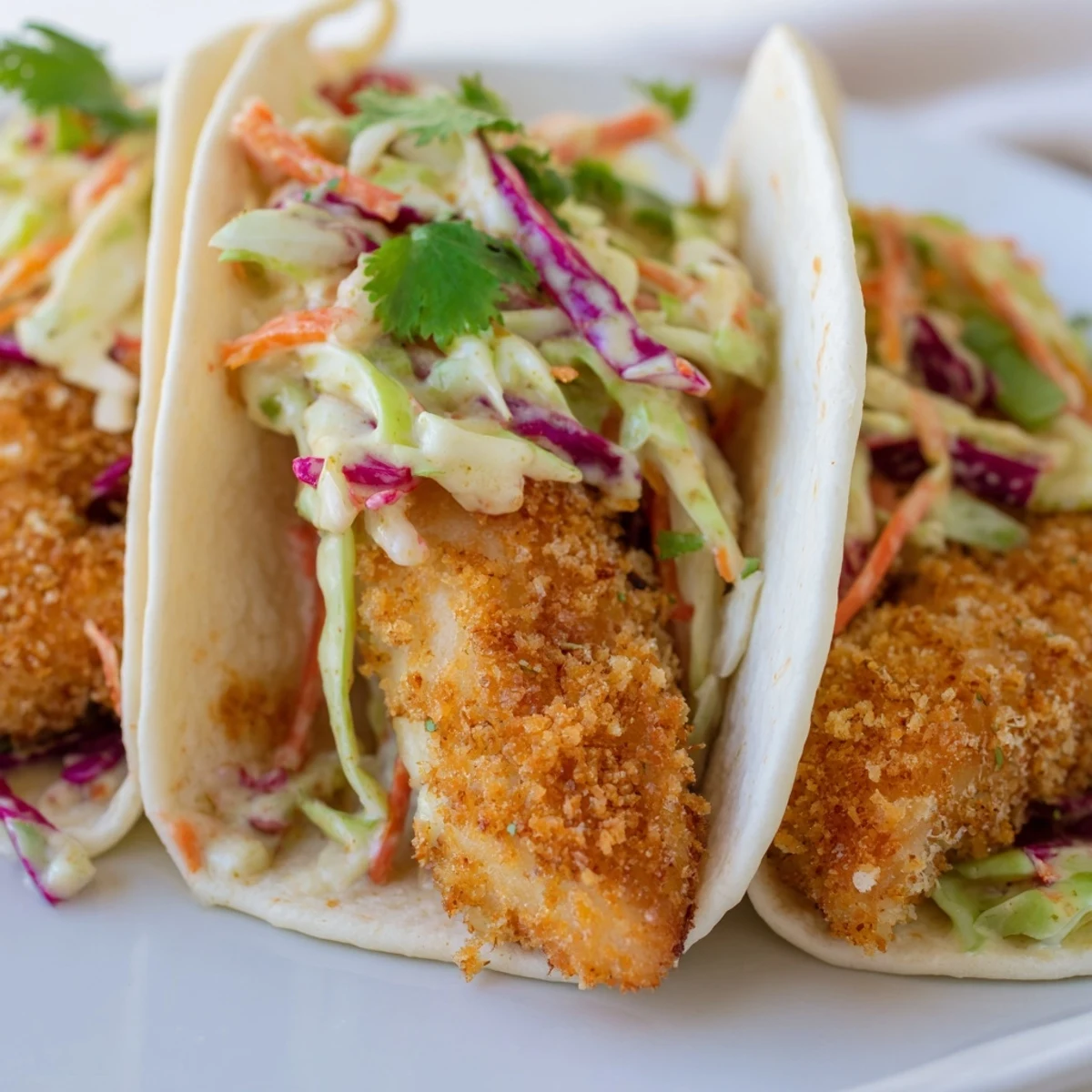 Hand-held crispy fish tacos featuring zesty lime dressing and colorful crunchy vegetable slaw
