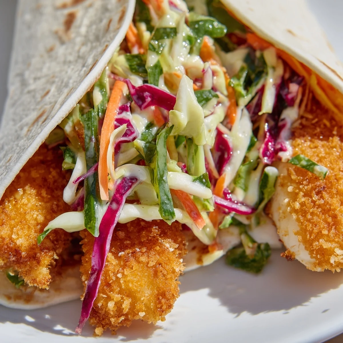 Fried cod fish tacos arranged on serving plate with lime wedges and refreshing cilantro lime coleslaw