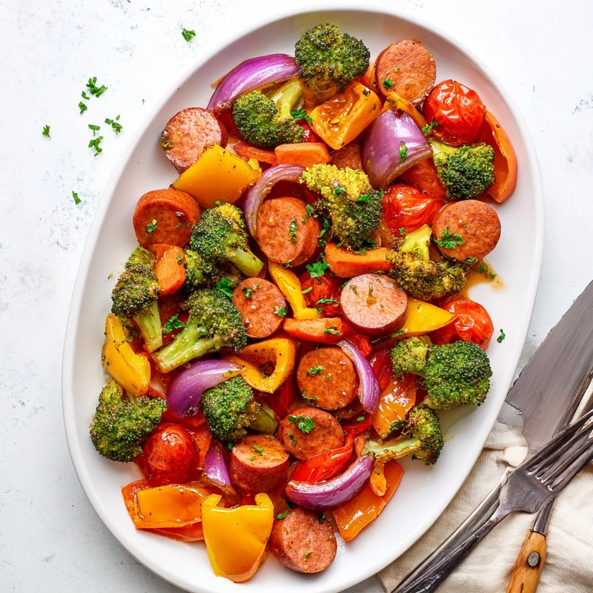 Golden roasted kielbasa and colorful vegetables glazed with honey garlic on a sheet pan