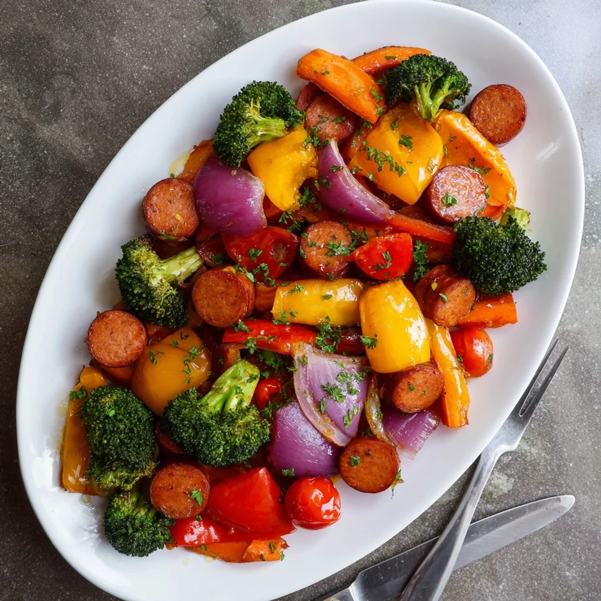 Family friendly sheet pan dinner featuring honey garlic glazed kielbasa and roasted vegetables