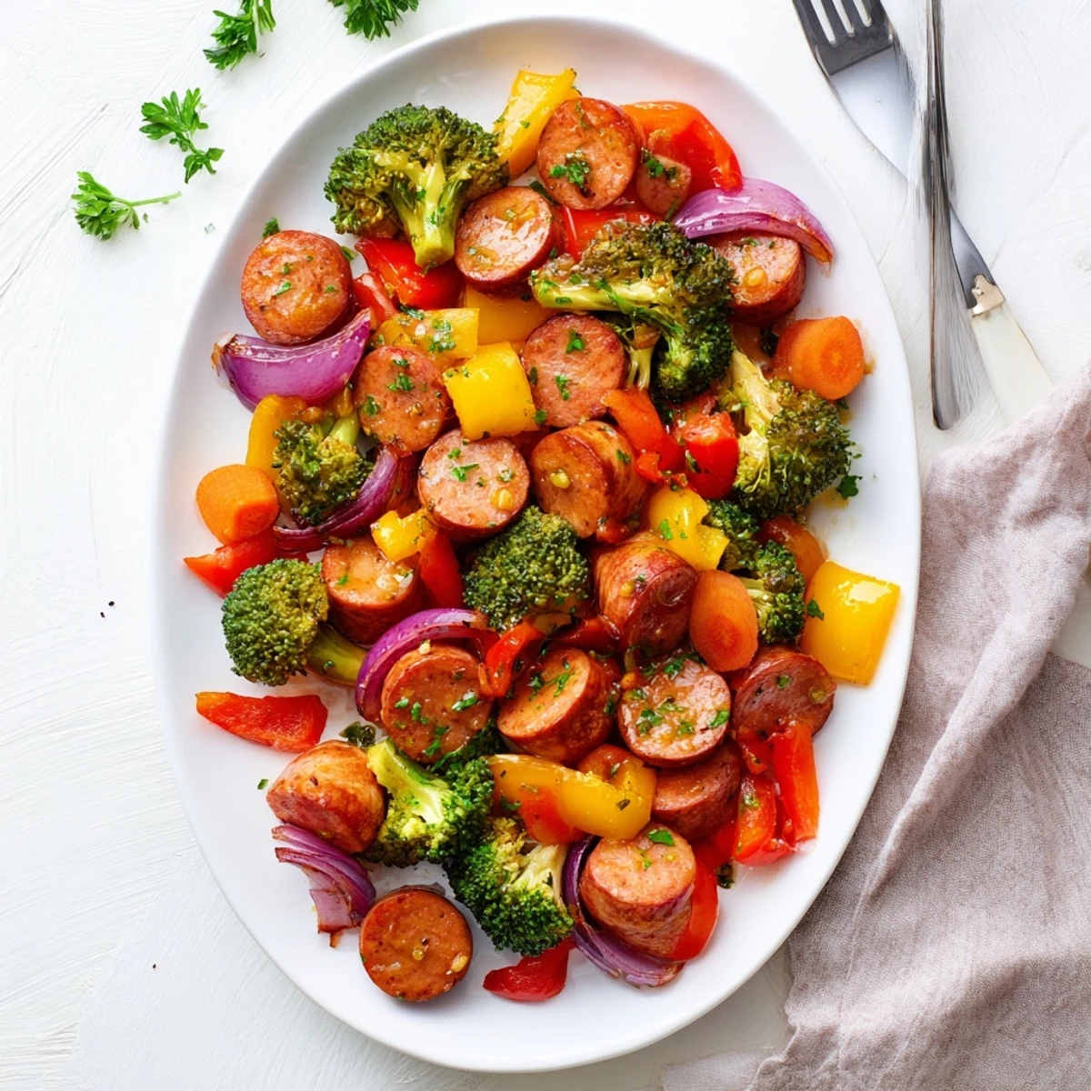Tender one pan honey garlic kielbasa with caramelized broccoli peppers and onions