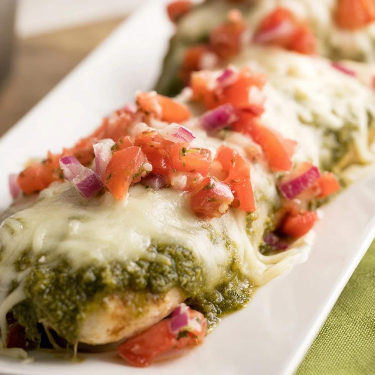 Tender Italian chicken topped with colorful bruschetta mixture, melted cheese, and fresh green basil garnish