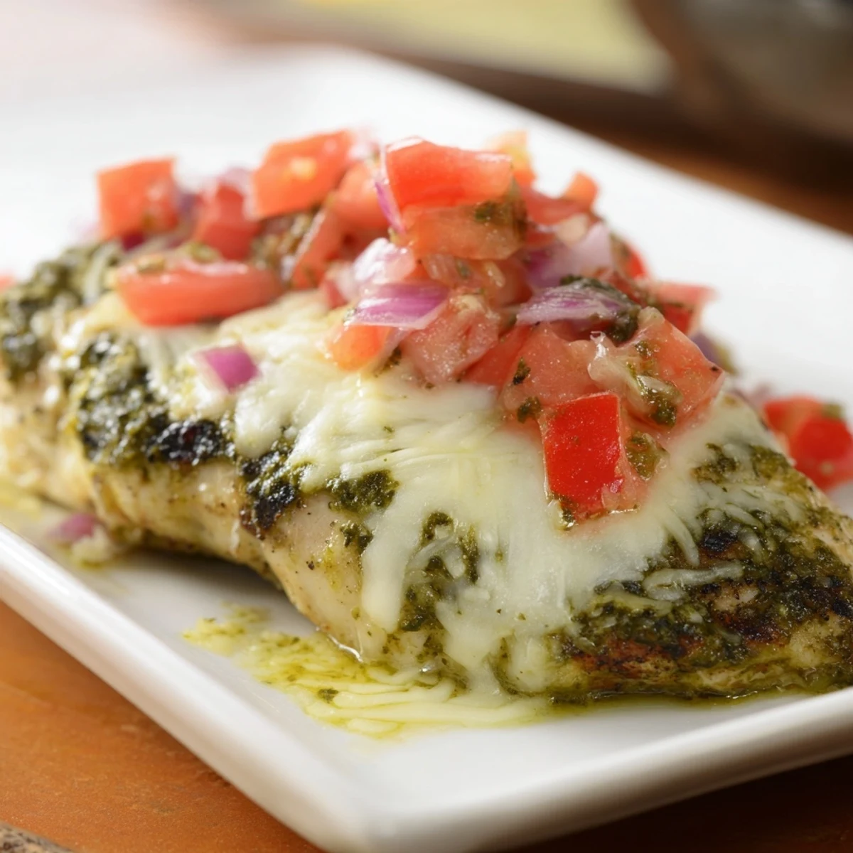 Golden baked chicken breast topped with melted mozzarella and fresh tomato basil bruschetta topping