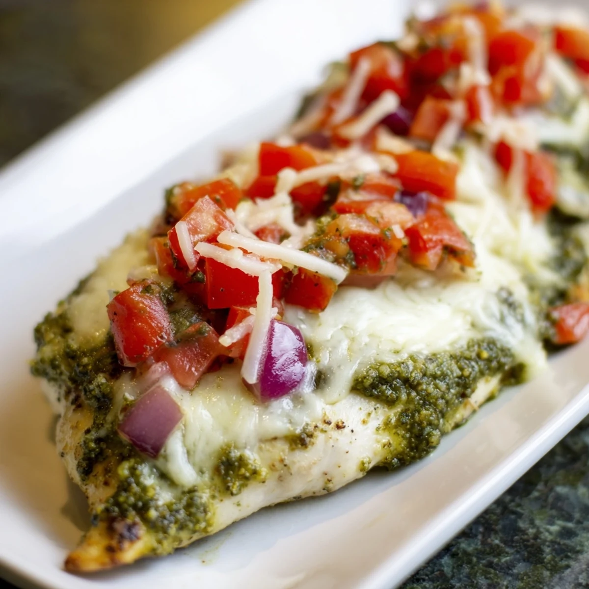 Vibrant pesto bruschetta chicken with juicy diced tomatoes and bubbly cheese on a white plate