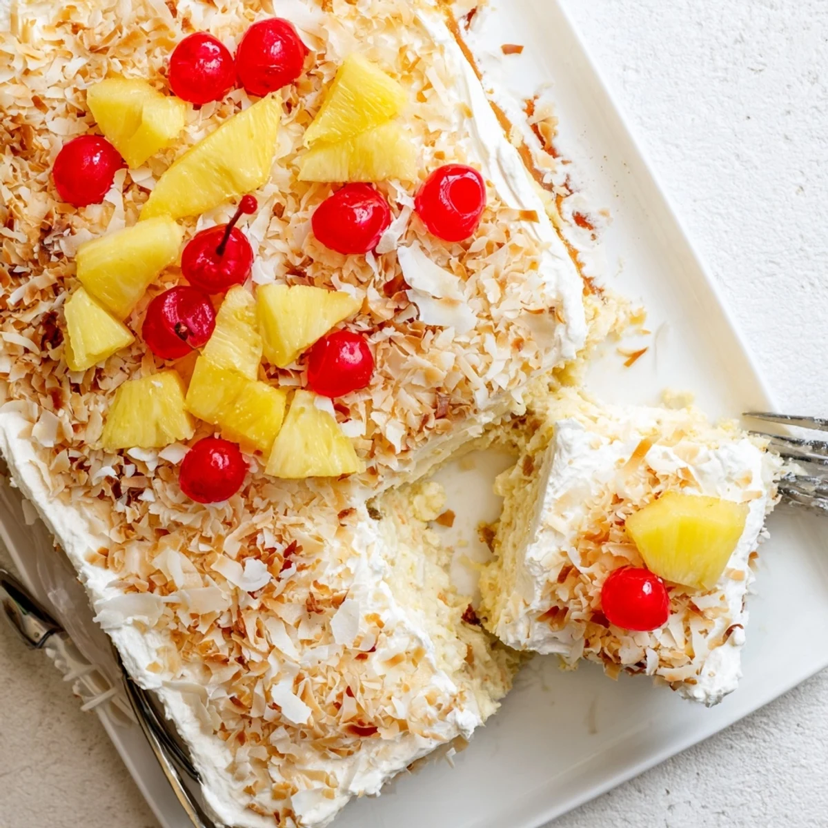 Moist yellow Hawaiian poke cake topped with fluffy whipped cream and golden toasted coconut flakes