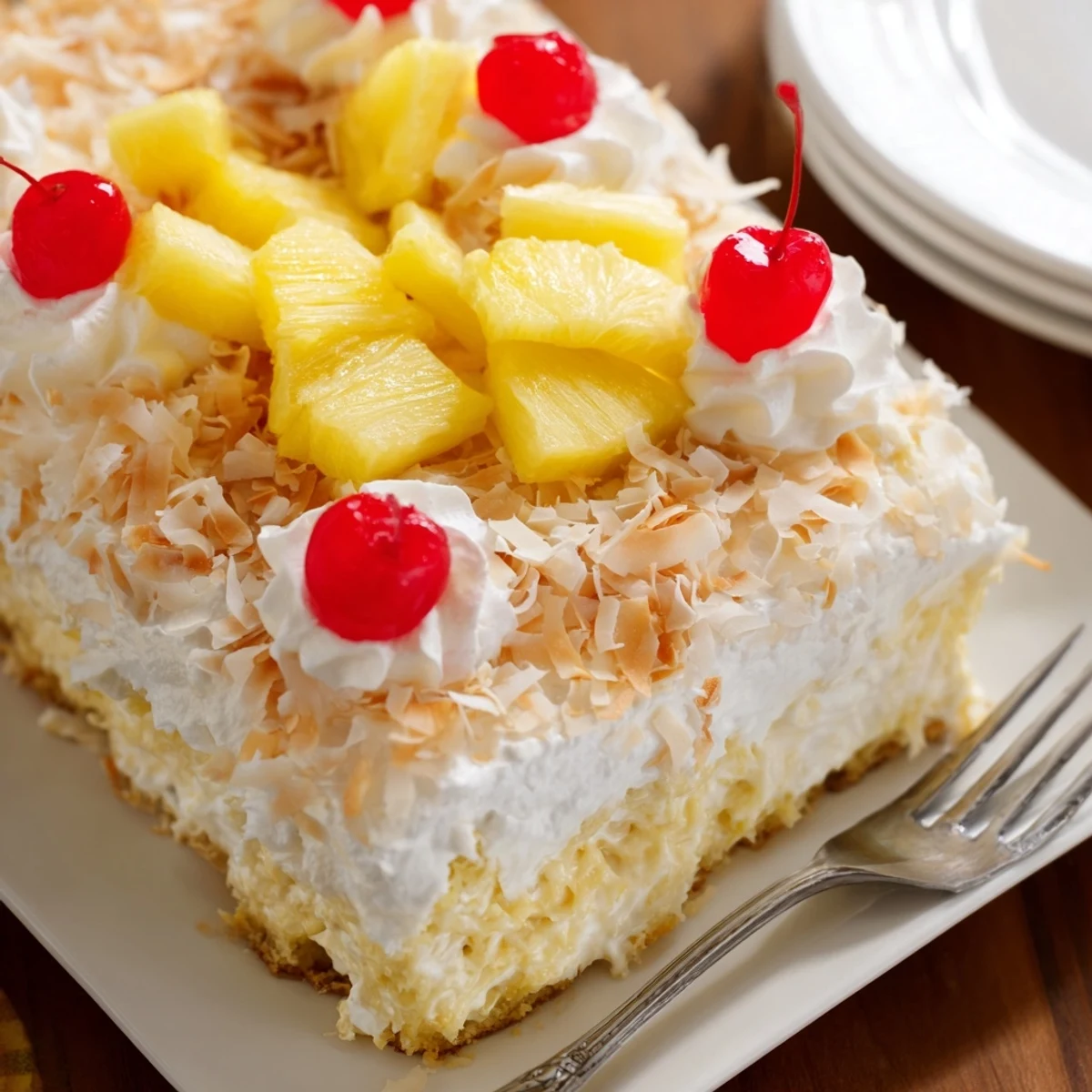 Creamy coconut-infused Hawaiian poke cake served chilled with whipped topping and maraschino cherries