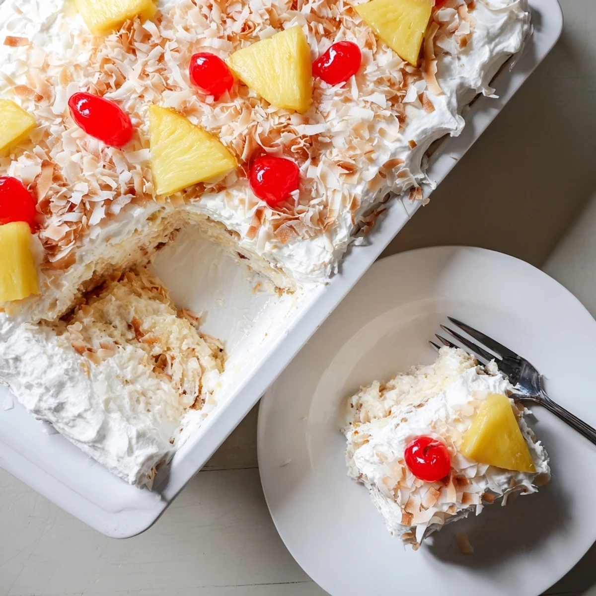Tropical Hawaiian poke cake drizzled with sweetened condensed milk and garnished with fresh pineapple chunks