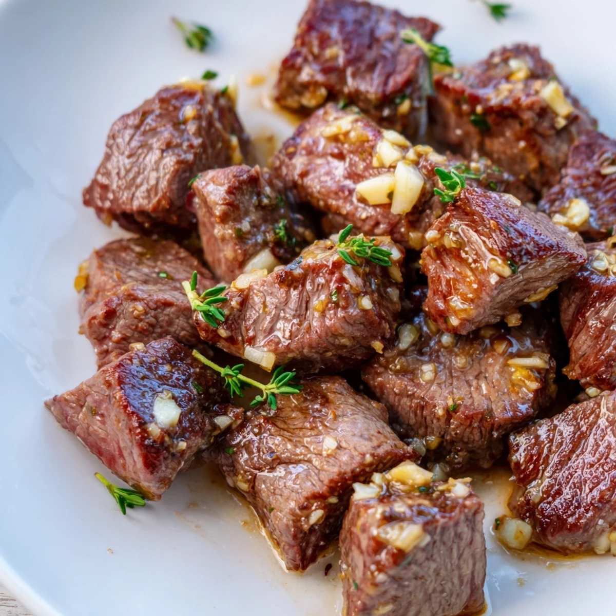 Golden brown garlic butter steak bites sizzling in a cast iron skillet with fresh parsley garnish
