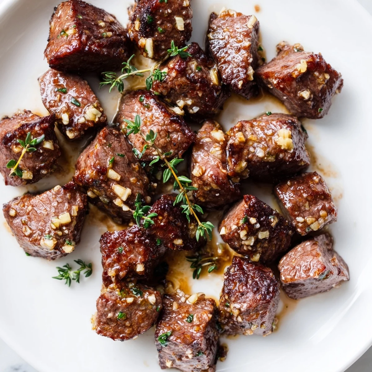 Tender cubed sirloin steak pieces coated in melted garlic butter sauce on a white serving plate