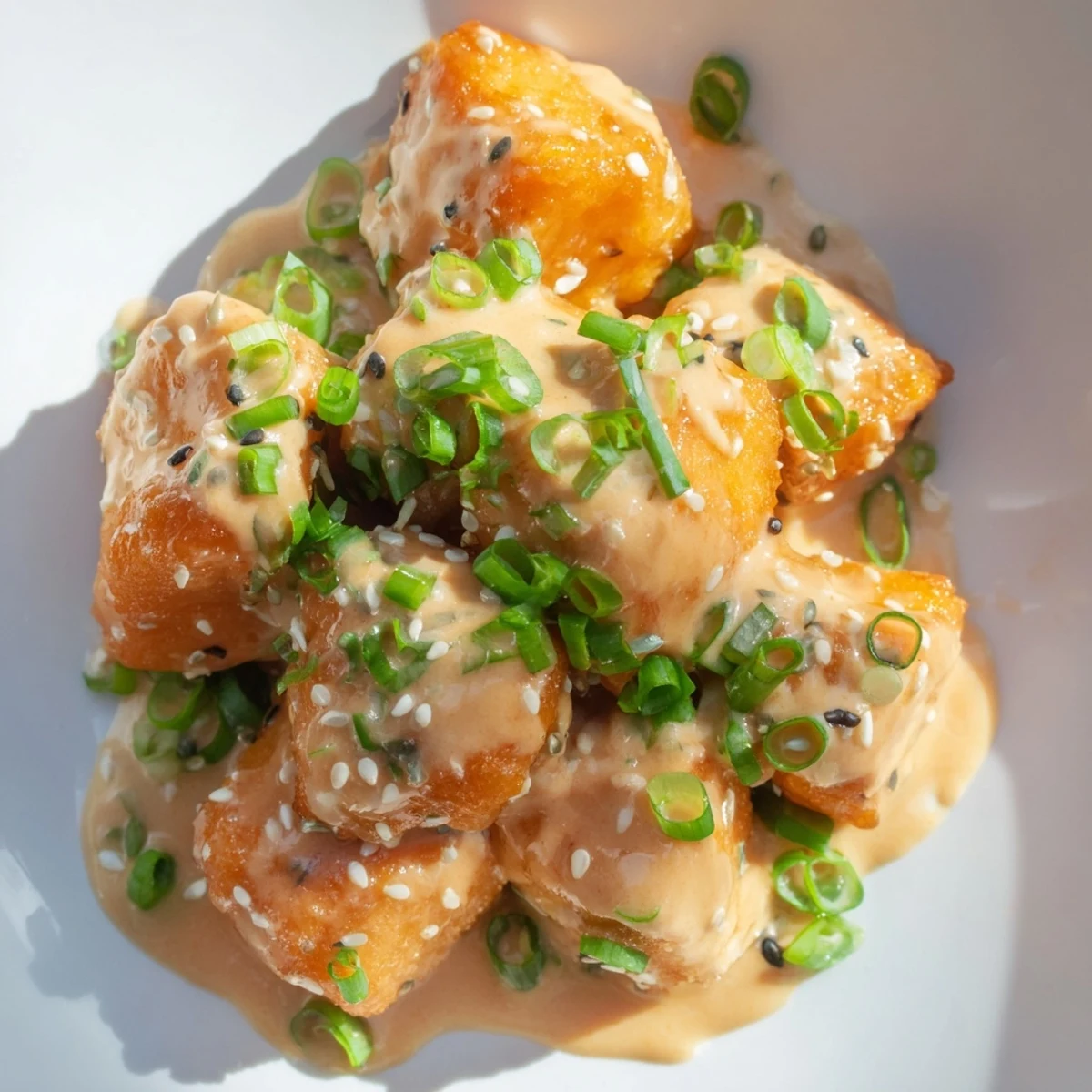 Golden crispy Bang Bang salmon bites coated in creamy spicy red sauce topped with fresh green chives